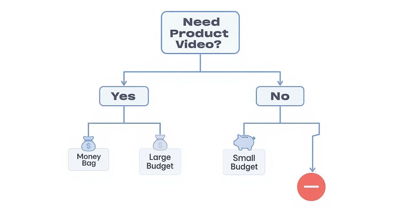 A decision flowchart illustrating the need for a product video and associated budget considerations.