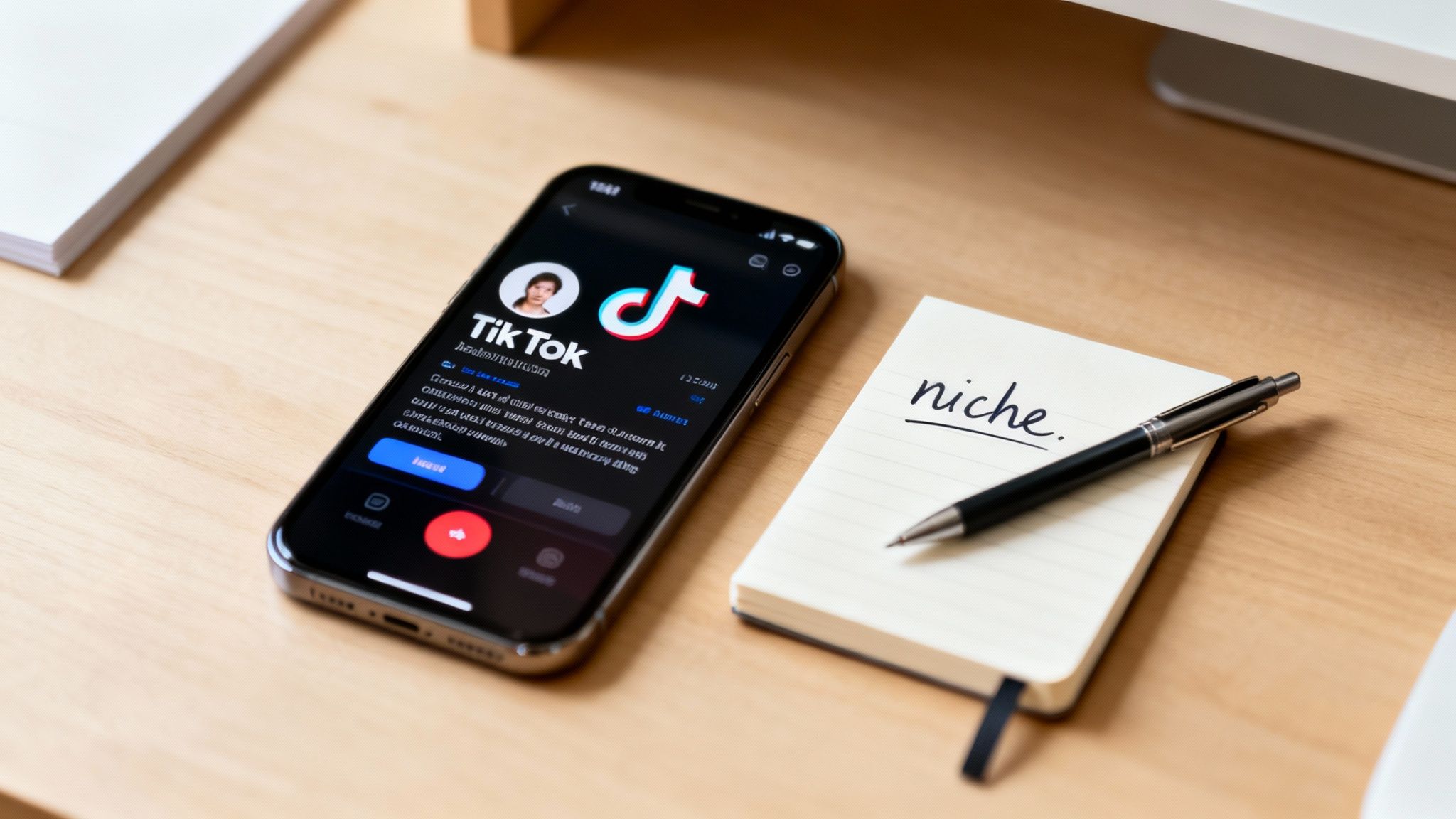 Smartphone showing the TikTok app, a notebook with 'niche.' written, and a pen on a wooden desk.