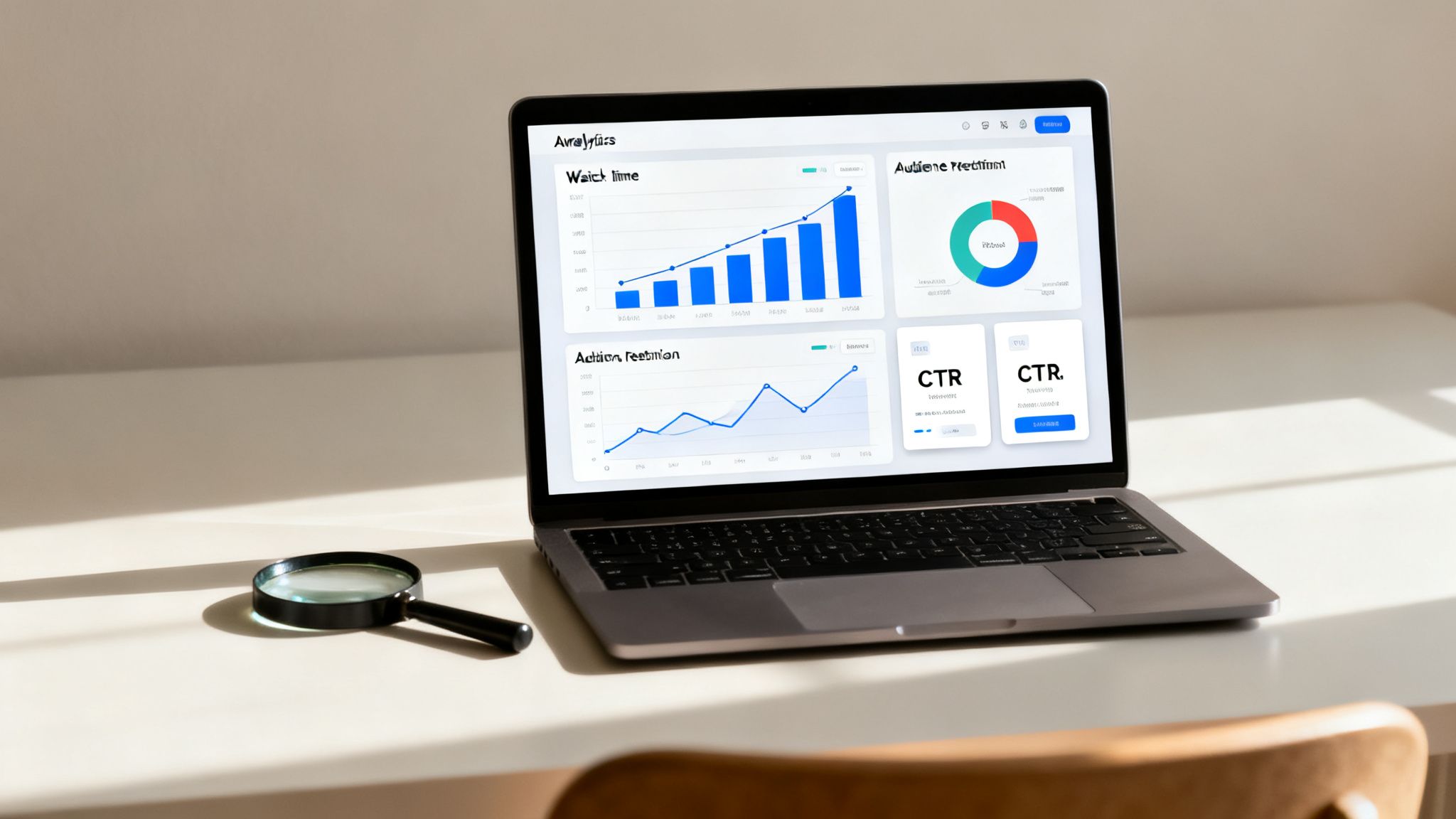 A laptop displaying various analytics dashboards with graphs and charts, next to a magnifying glass on a white desk.