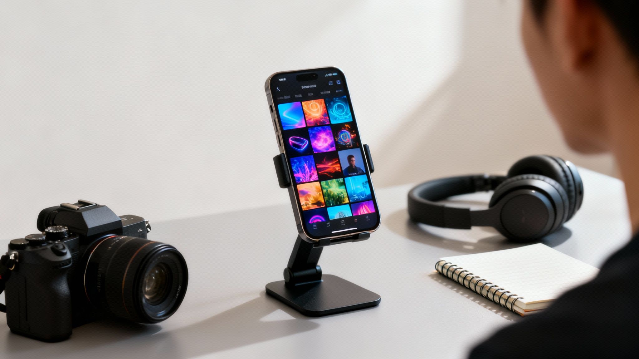 A person views colorful images on a smartphone, with a camera, headphones, and notebook on a desk.