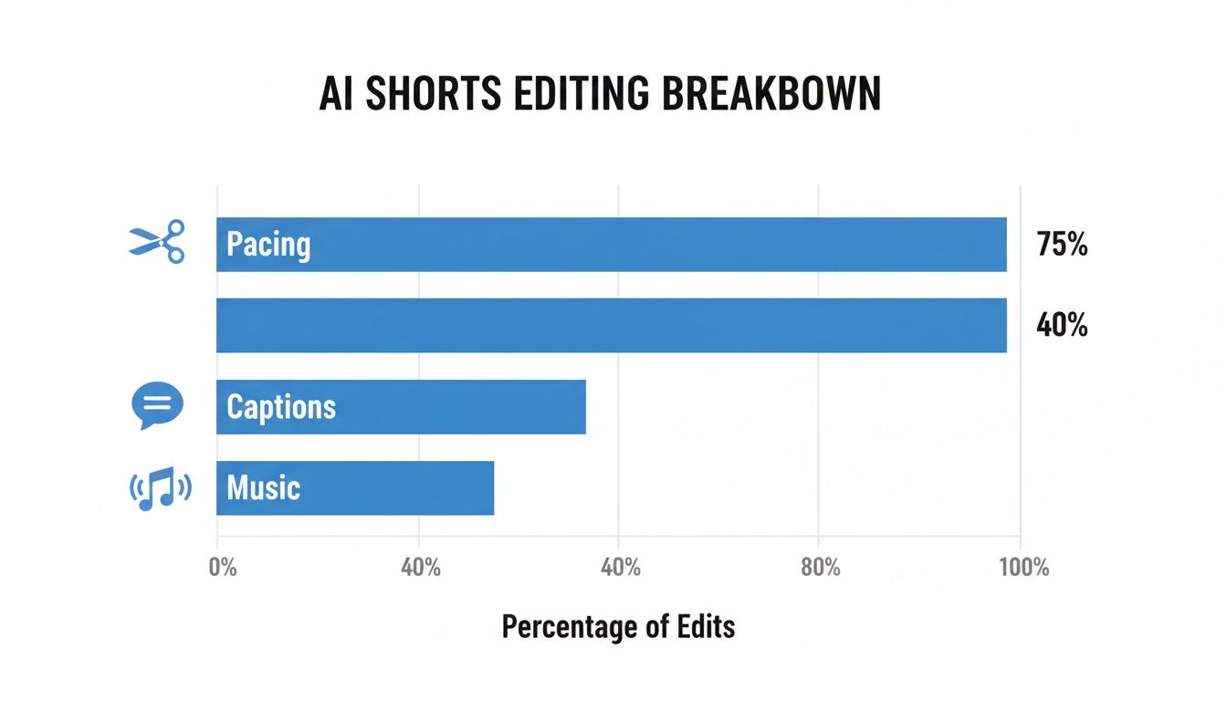 Bar chart on AI Shorts editing breakdown: Pacing 75%, an unlabeled 40%, Captions, and Music.