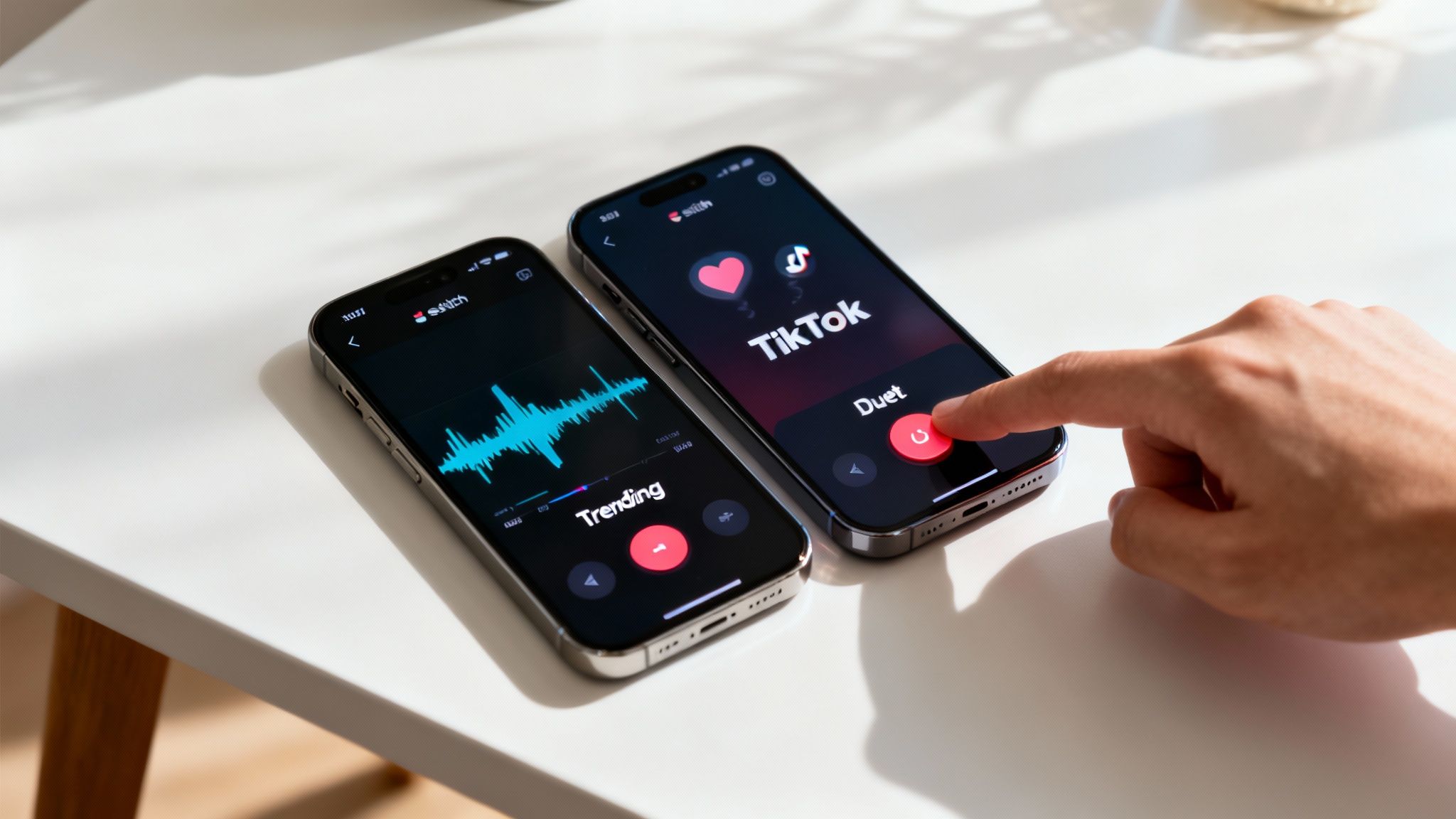 A hand taps the Duet button on a TikTok app on an iPhone next to another phone showing a sound wave.