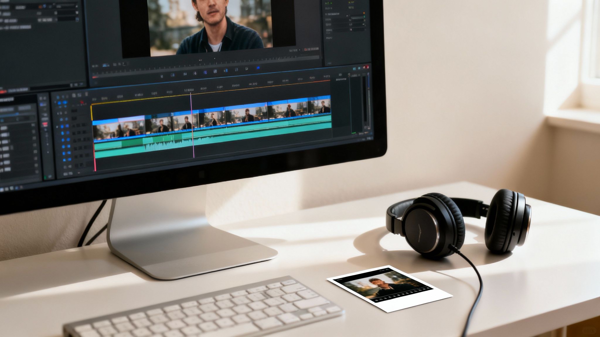 A modern workspace with a computer displaying video editing software, headphones, and an instant photo.