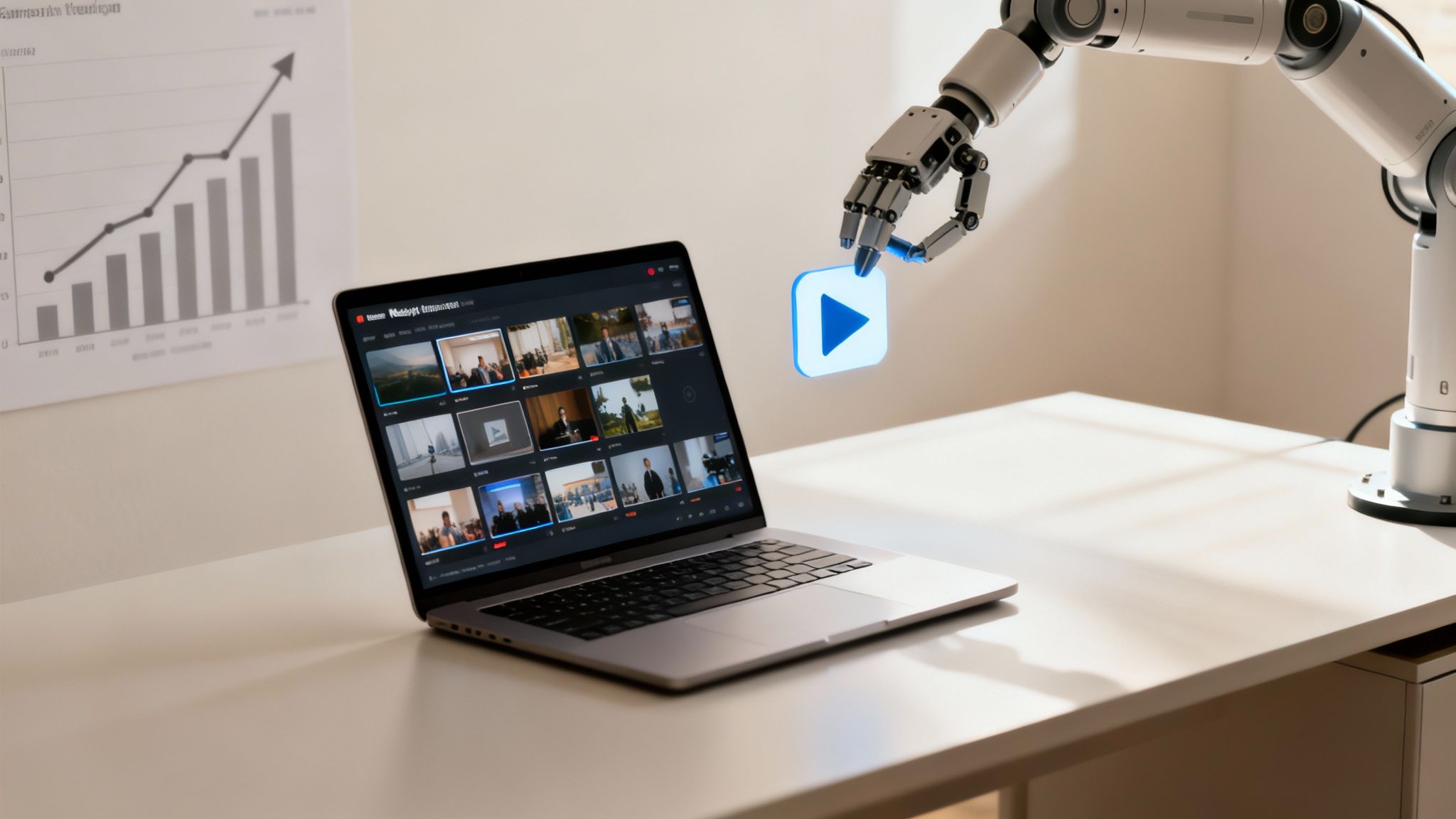 Robotic arm holding a glowing play button icon over a laptop displaying a video conferencing grid.
