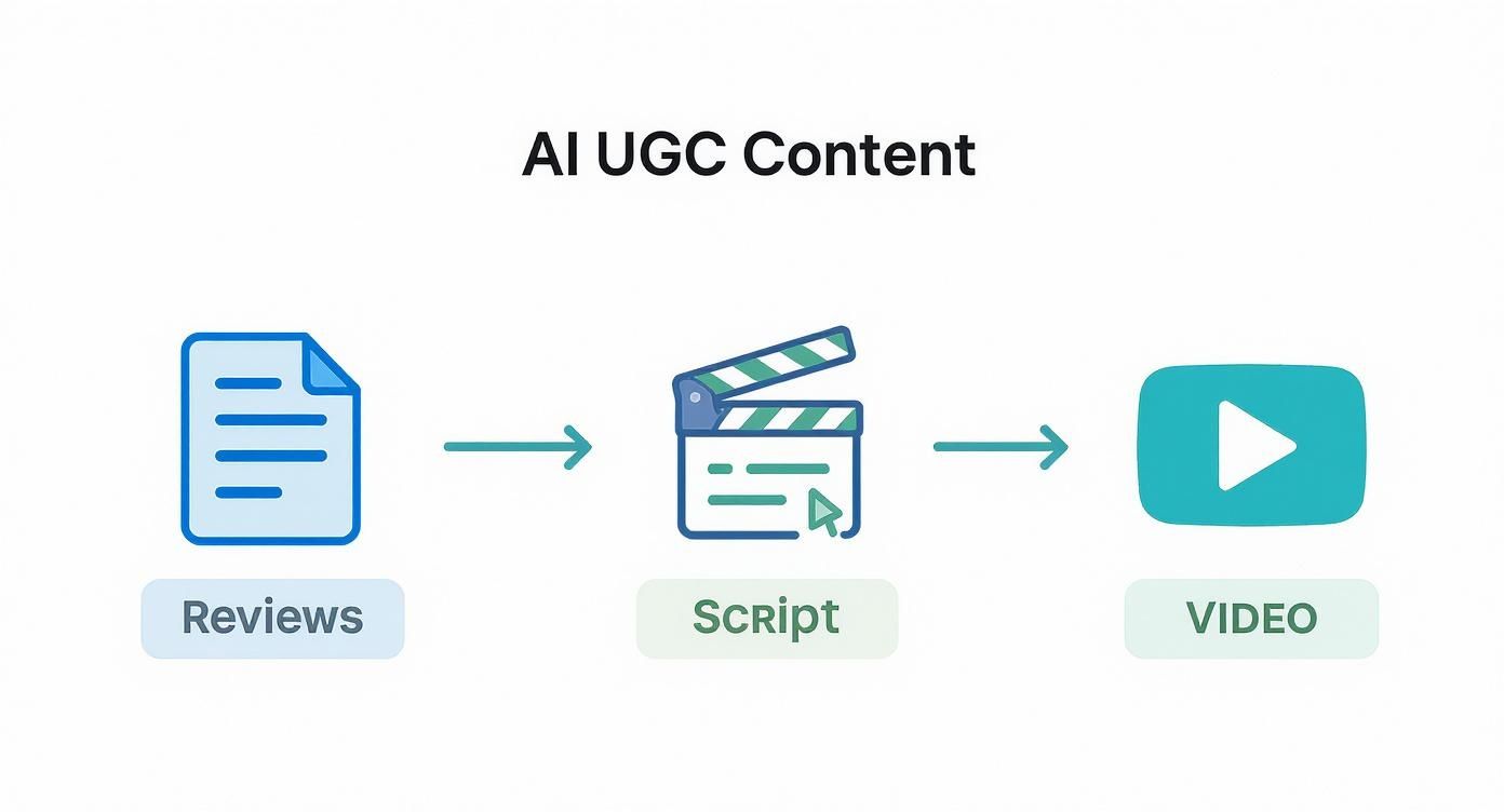 Workflow diagram showing AI UGC content creation process from reviews to script to video production
