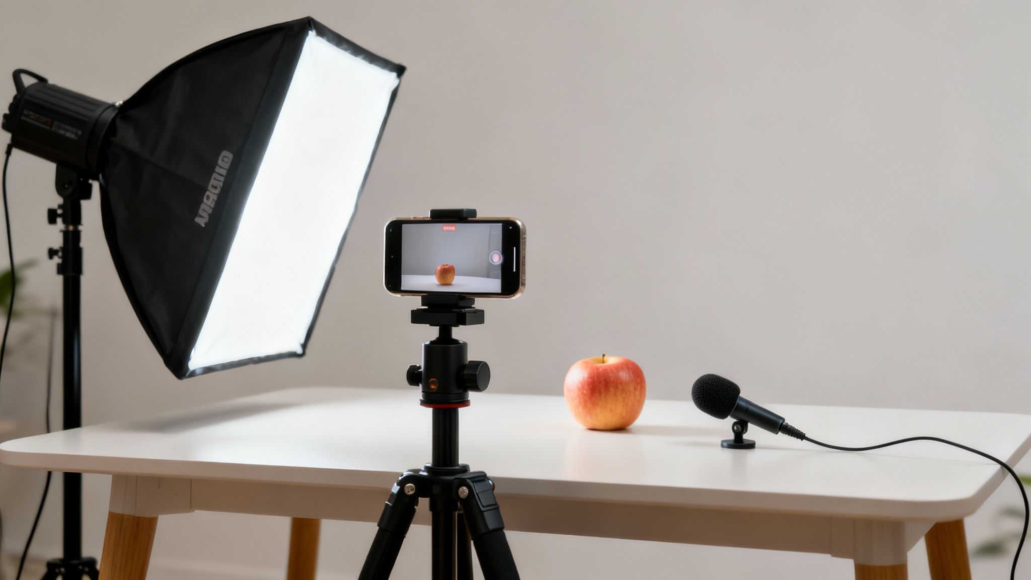 A smartphone on a tripod records an apple, illuminated by a studio light for product video.