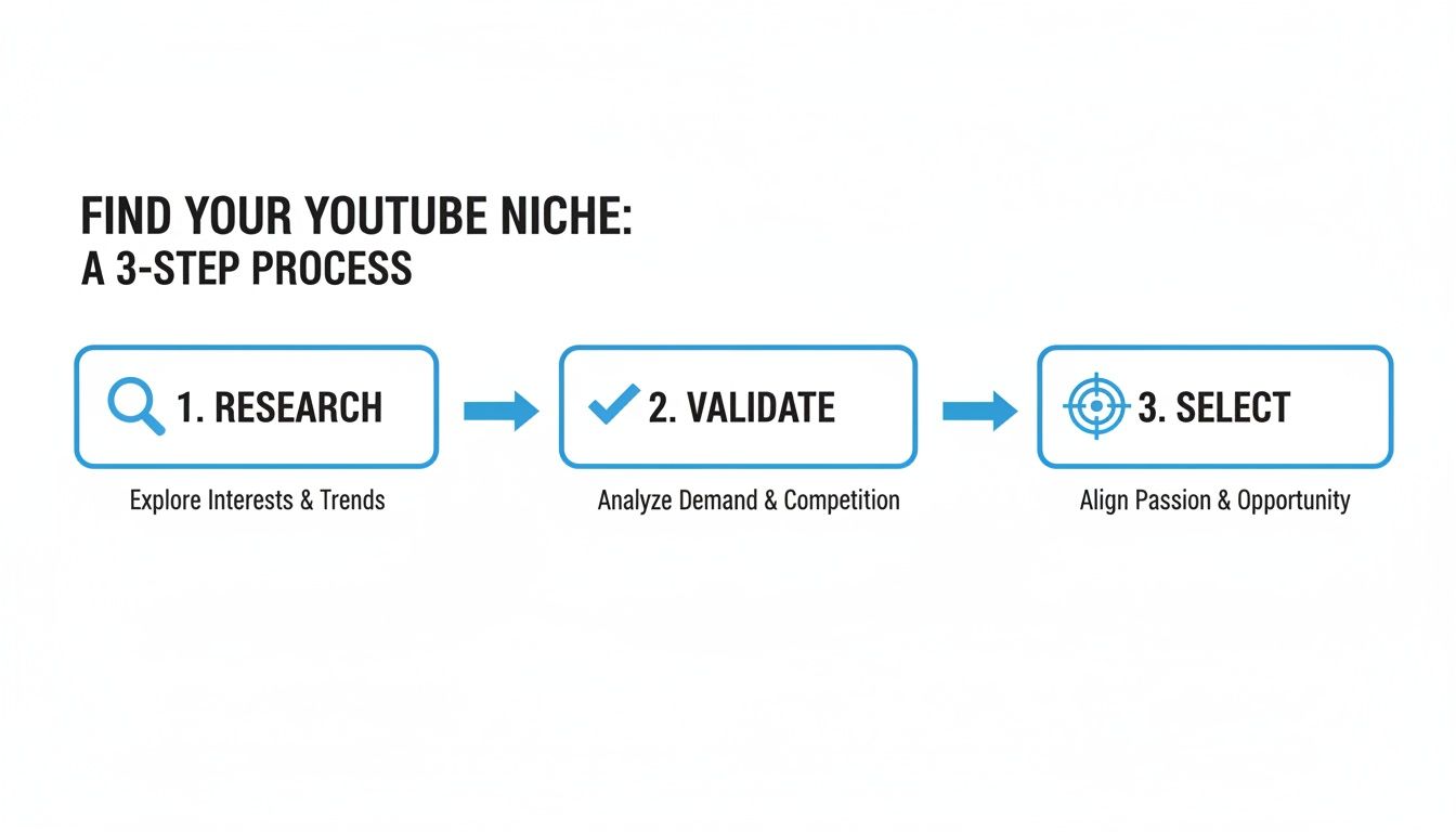 A clear 3-step process for finding your YouTube niche, covering research, validation, and selection.