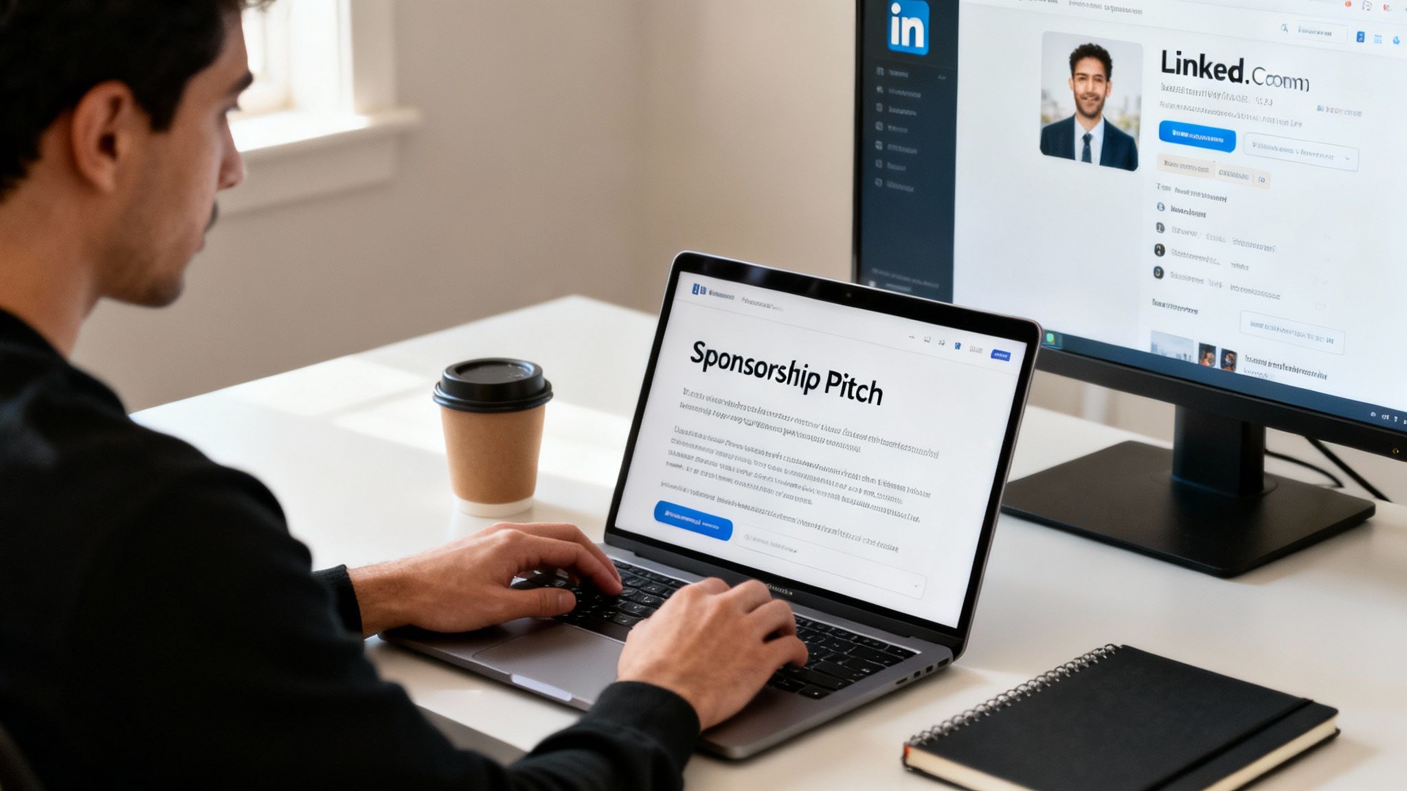 A man typing on a laptop with a 'Sponsorship Pitch' document, displaying a LinkedIn profile on a second monitor.
