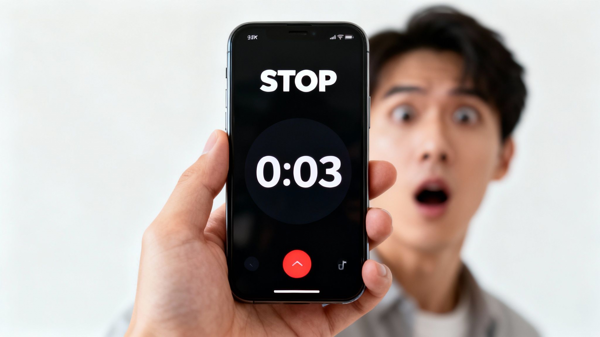 A hand holds a smartphone showing a 'STOP' countdown at 0:03, with a surprised person in the background.