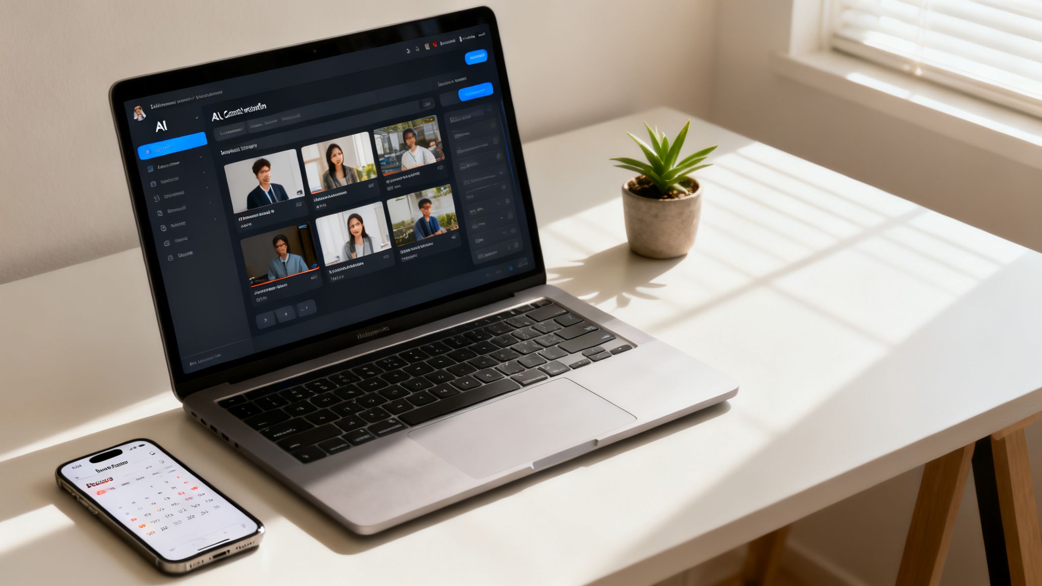 Modern workspace with a laptop showing AI video conference and a smartphone calendar.