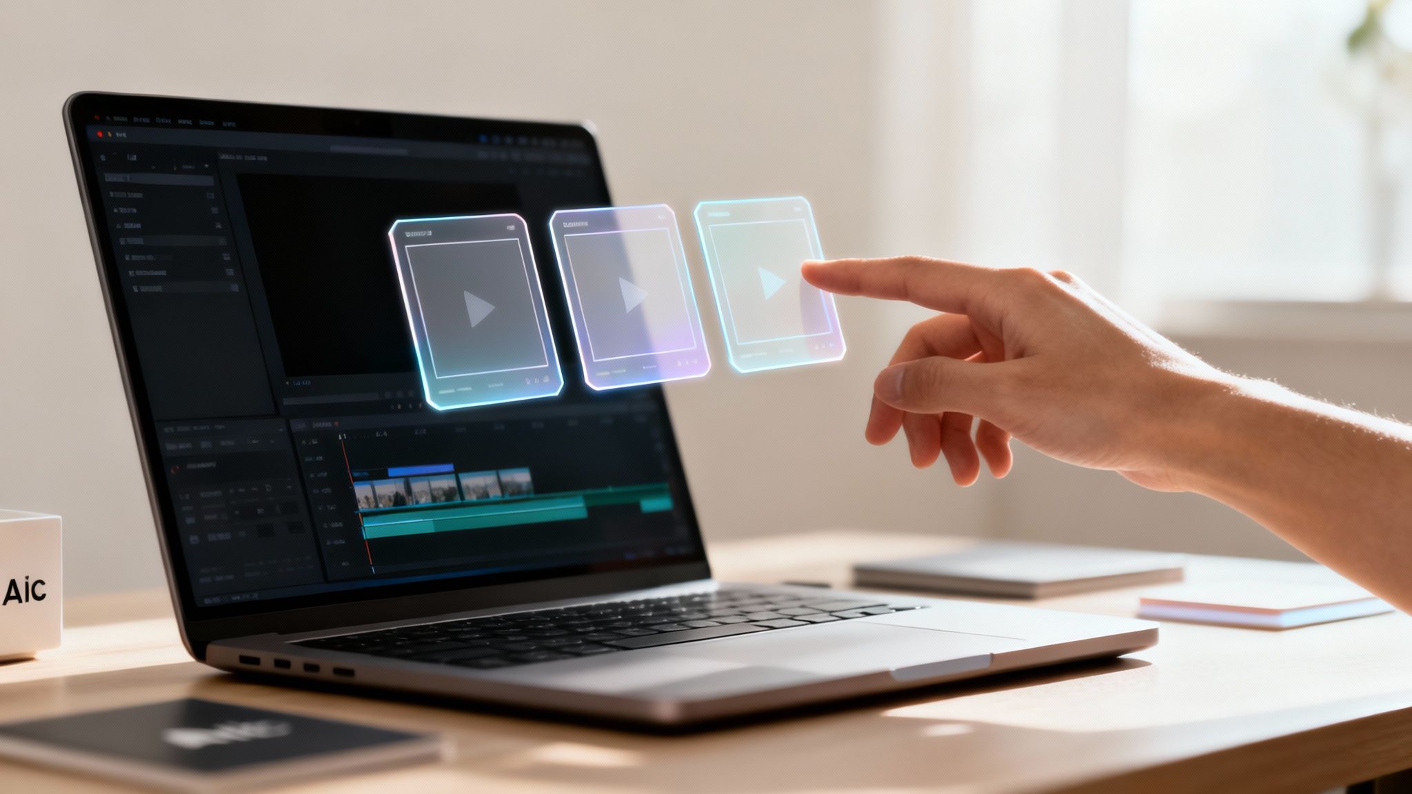 A hand interacts with holographic video play icons over a laptop running video editing software.