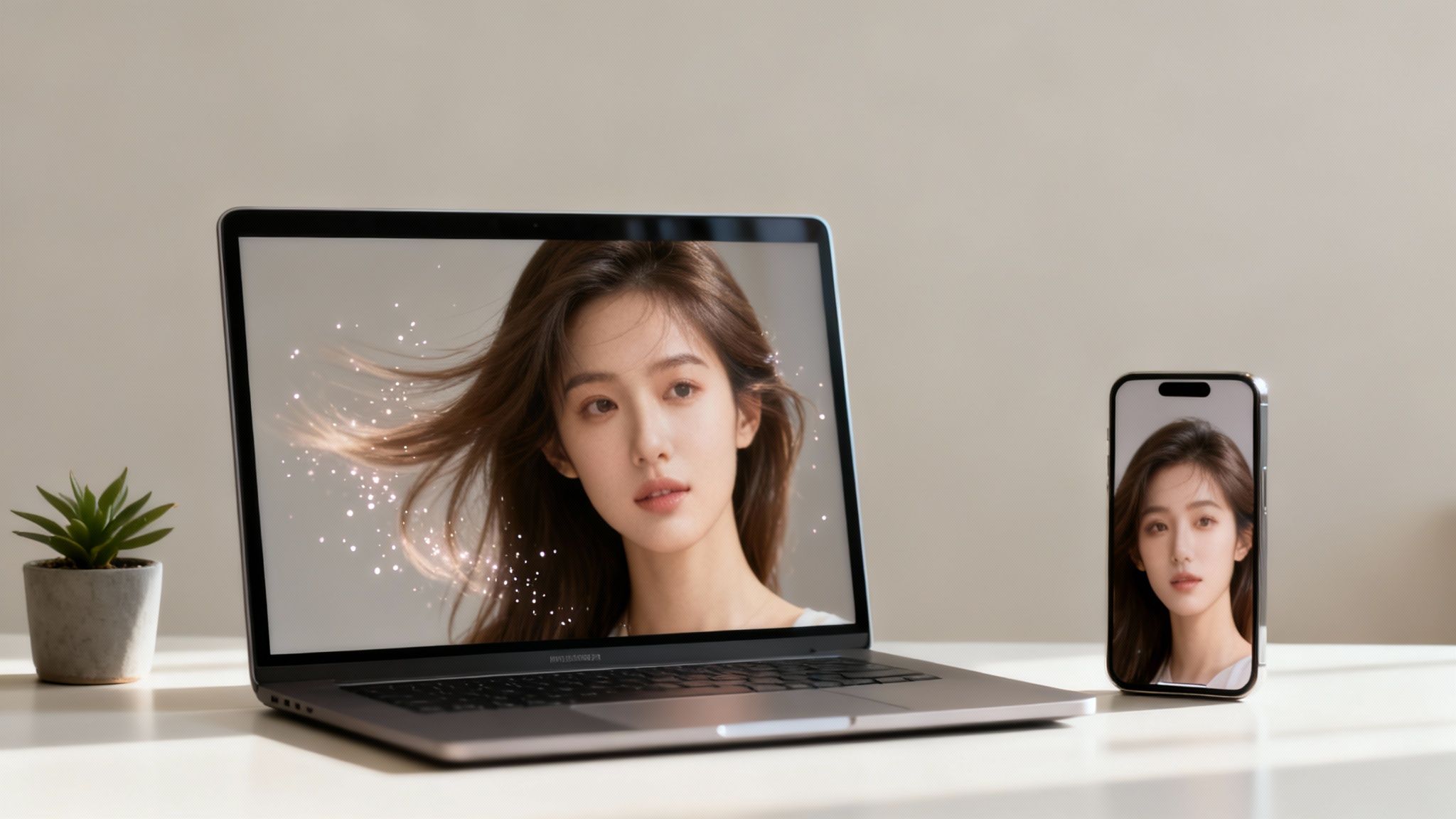 A laptop and a smartphone on a desk display a woman's portrait, with sparkles on the laptop screen.