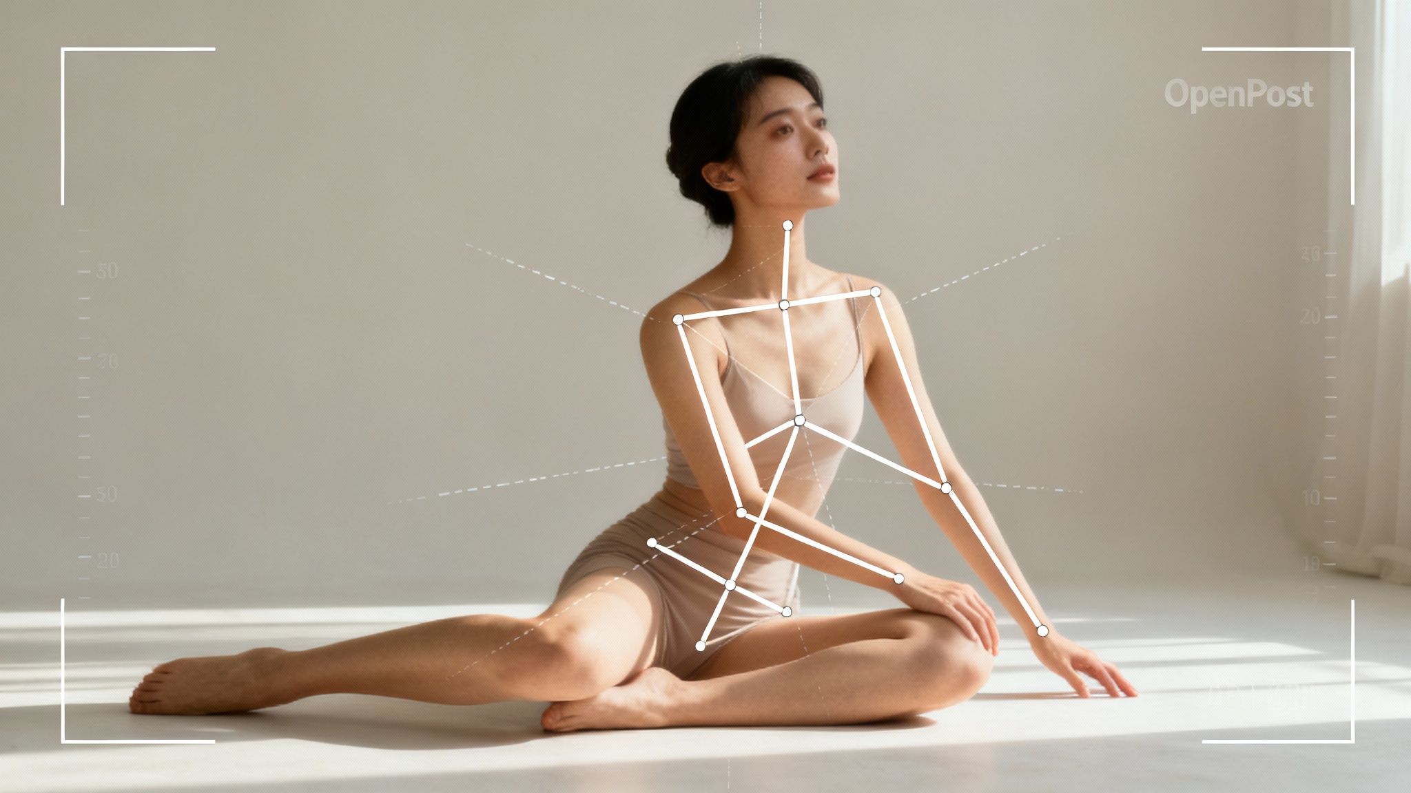 Woman in seated yoga pose with skeletal structure overlay showing body alignment and posture analysis