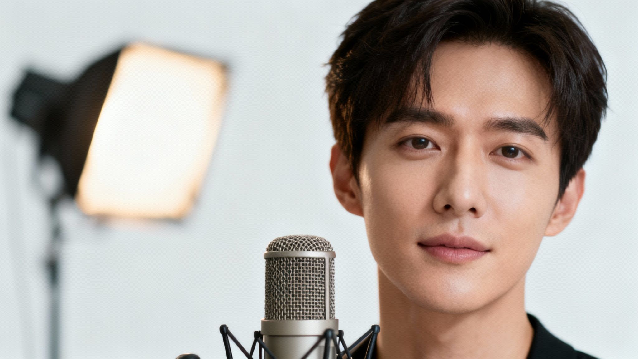 A handsome Asian man smiling softly, with a microphone in the foreground and studio lighting.
