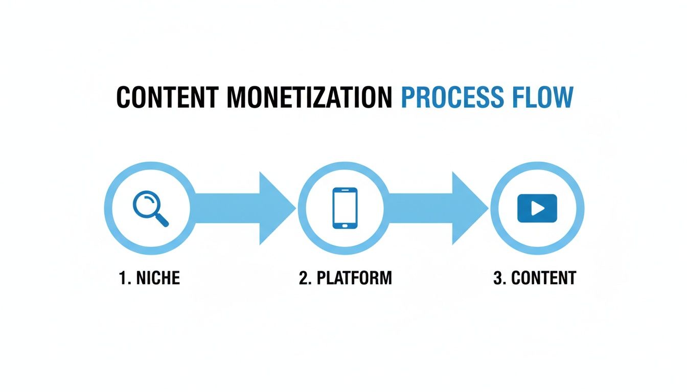 Flowchart illustrating the content monetization process with steps: Niche, Platform, and Content.