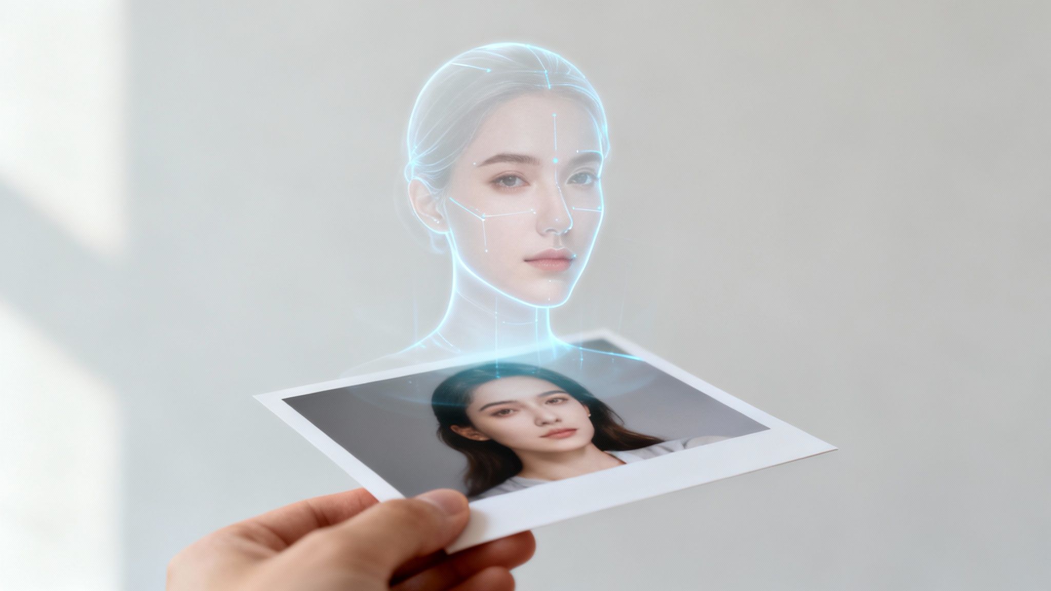 Hand holding photo while AI facial recognition technology projects digital holographic face mapping overlay