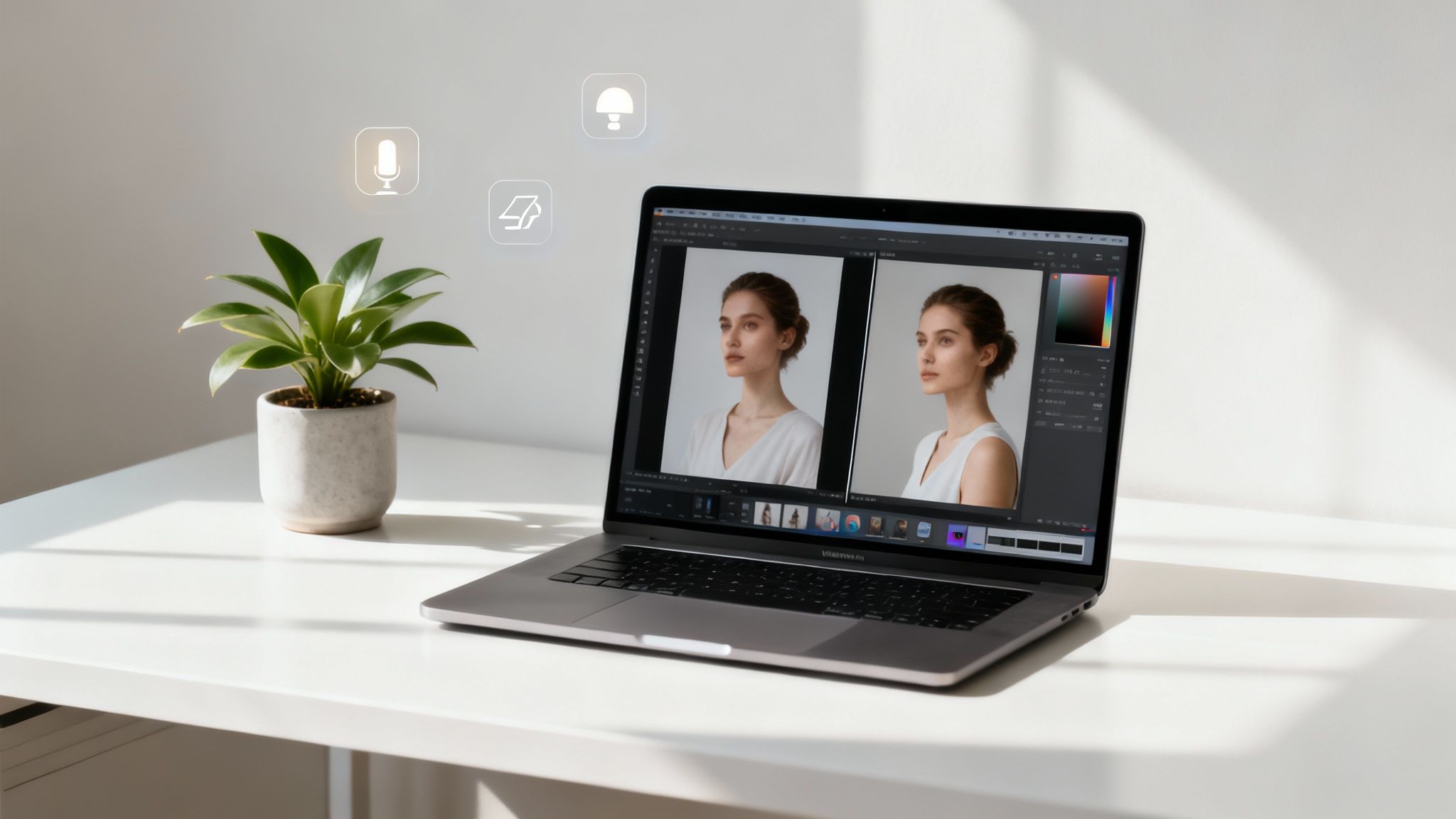 Laptop on a desk displays image editing software with portraits, alongside a plant and AI icons.