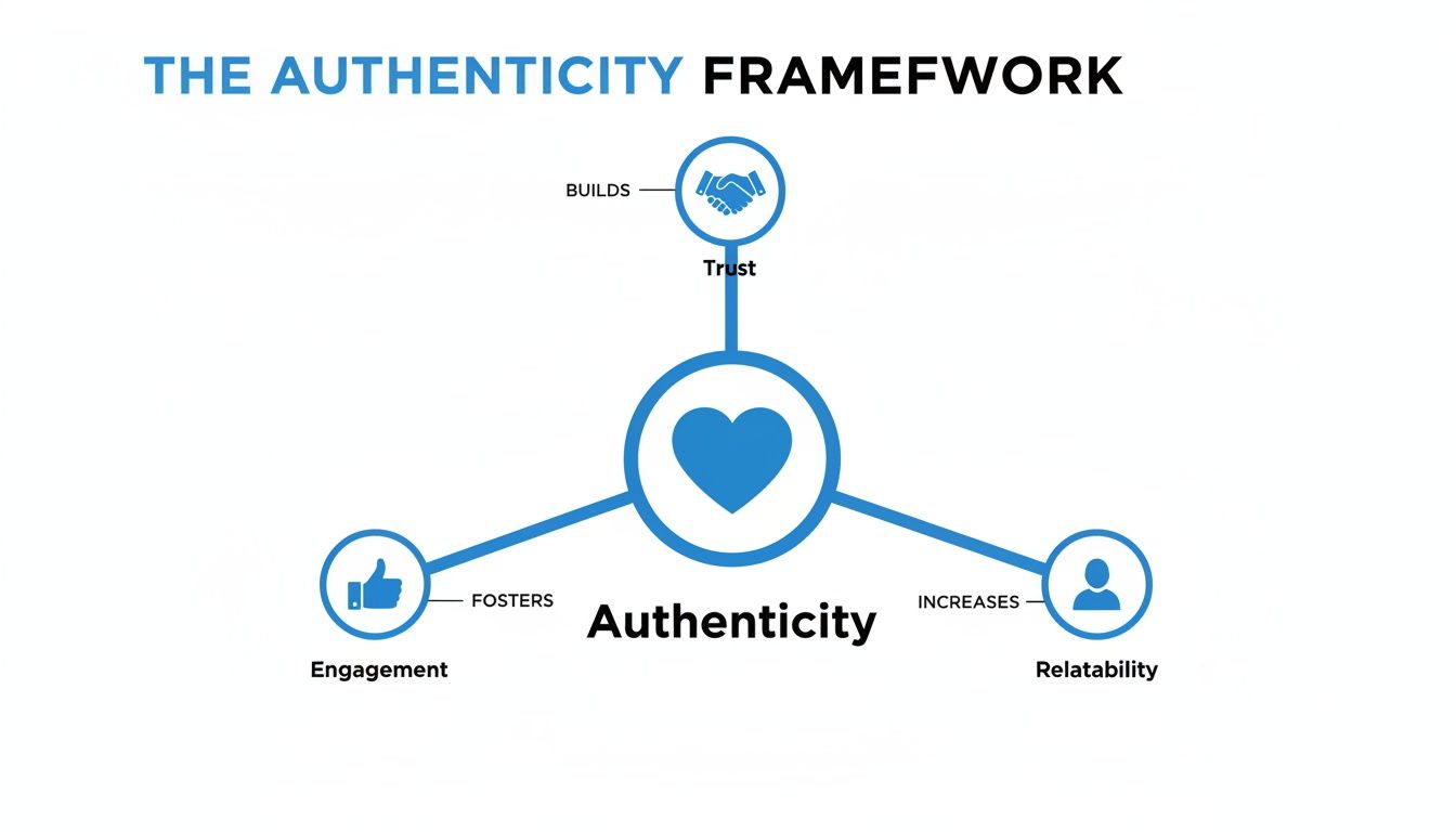 Diagram of the Authenticity Framework showing how authenticity builds trust, fosters engagement, and increases relatability.