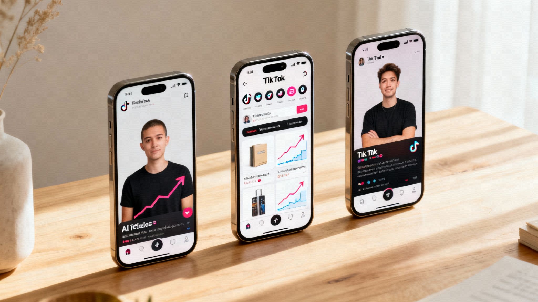 Three iPhones on a wooden table displaying TikTok app with profiles and e-commerce growth charts.