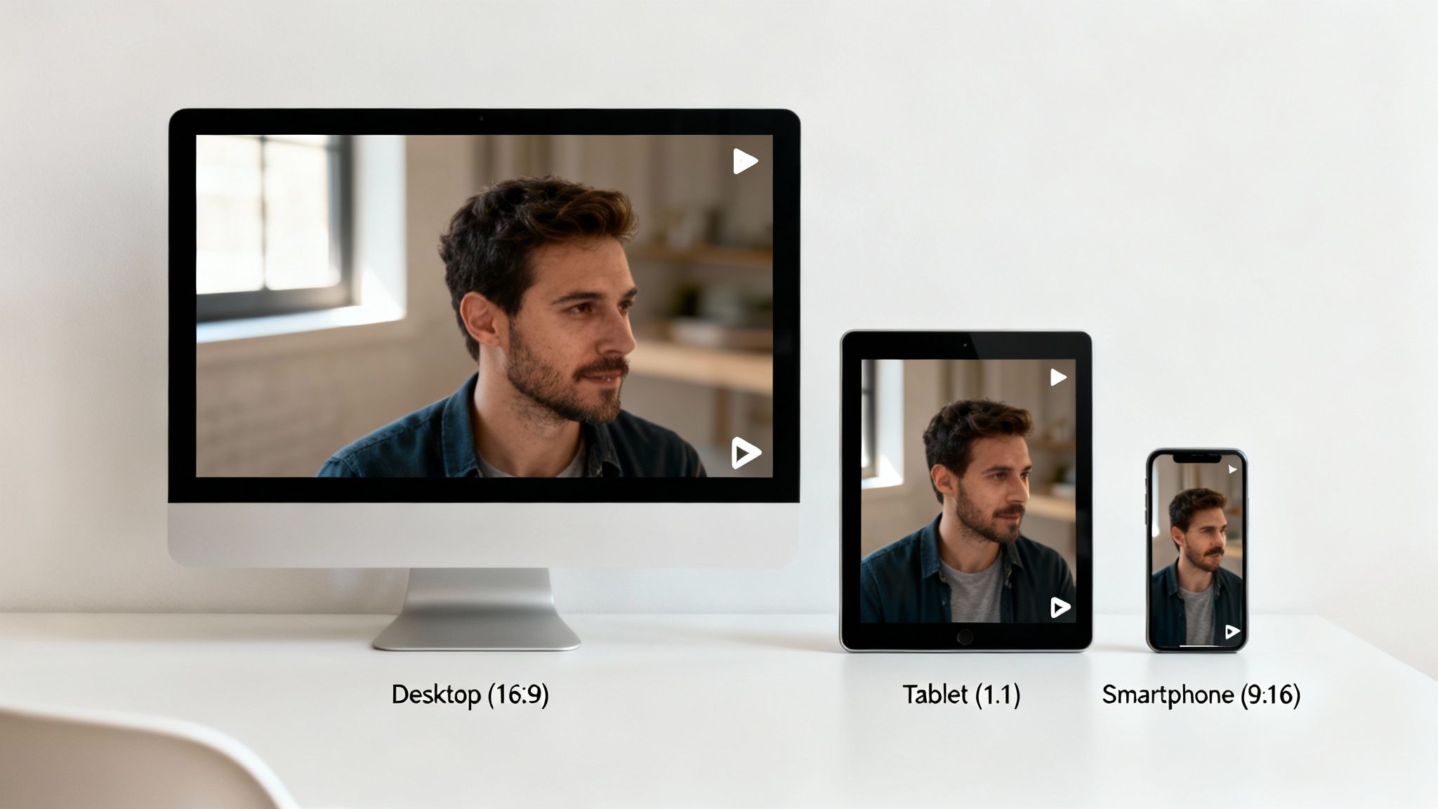 A video of a man displayed across desktop, tablet, and smartphone screens with varying aspect ratios.