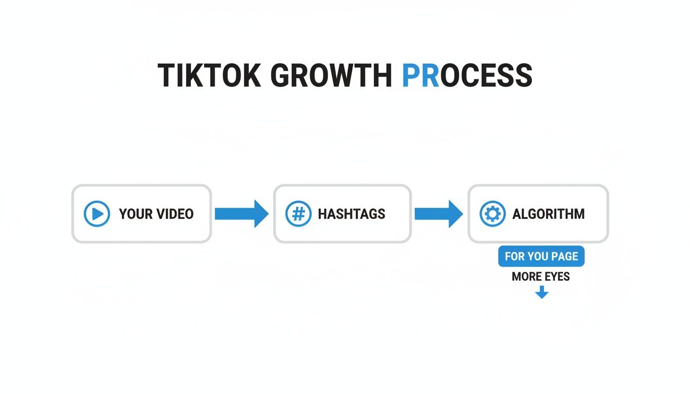 Diagram illustrating the TikTok growth process: Your video leads to Hashtags, then to Algorithm, resulting in For You Page exposure and more eyes.