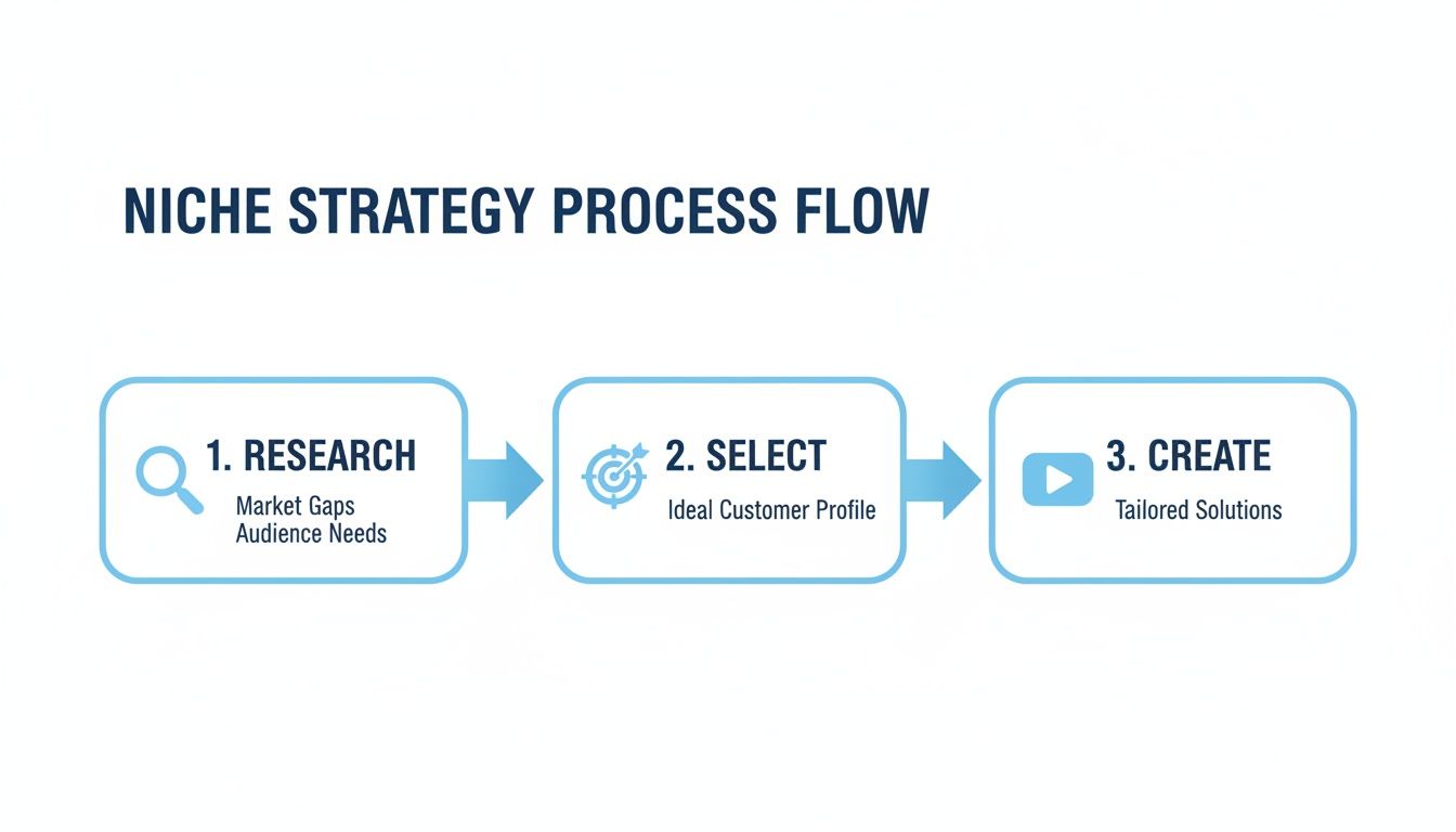 A clear flowchart outlining the three-step niche strategy process: research, select, and create tailored solutions.