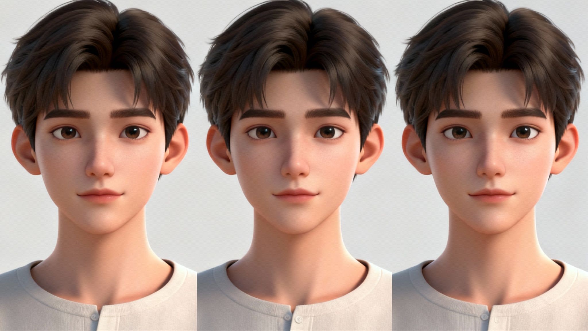 Three identical 3D rendered portraits of young Asian male character with brown hair demonstrating consistent AI character generation