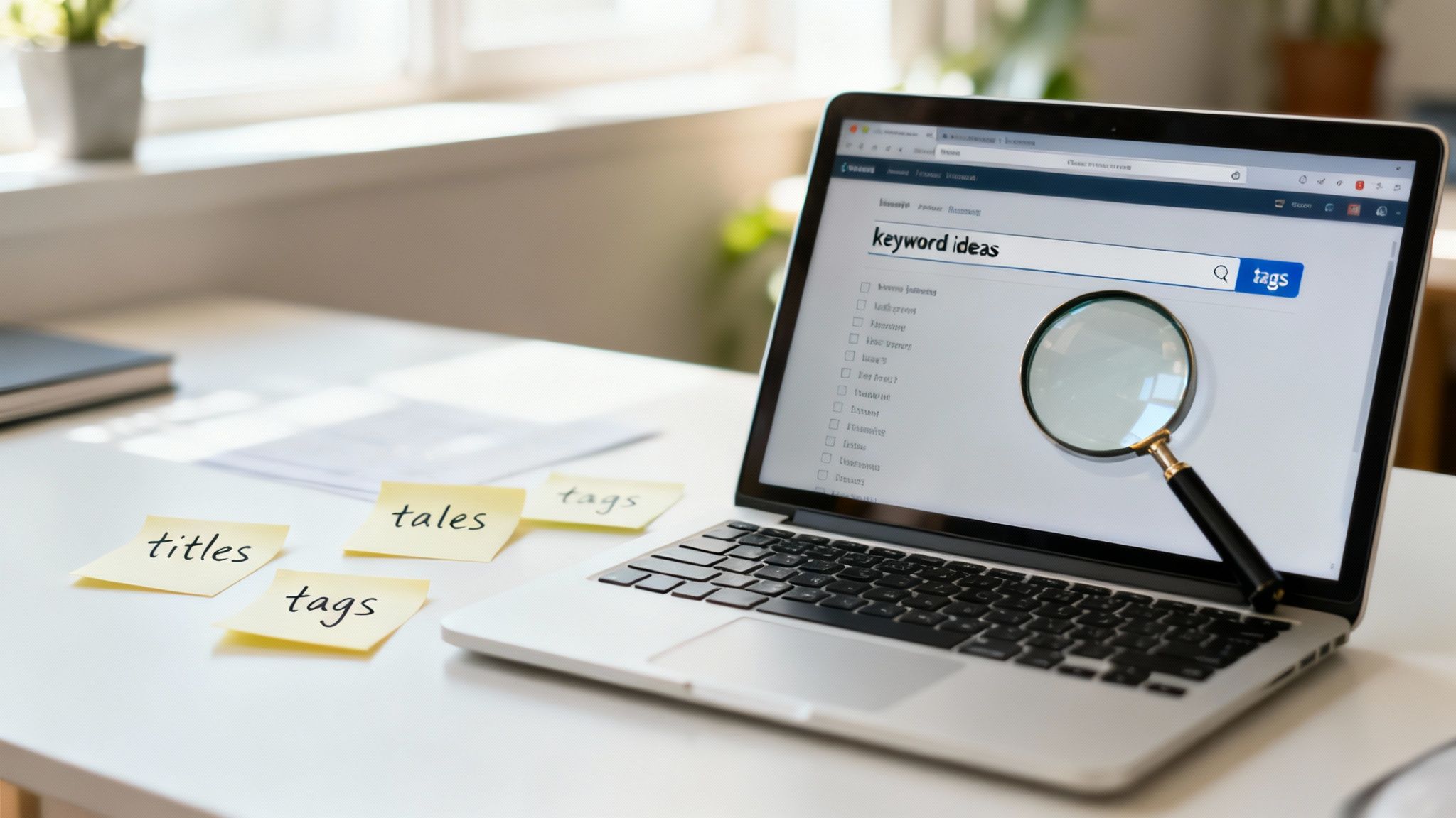 Laptop screen showing 'keyword ideas' search with a magnifying glass, sticky notes with 'titles', 'tales', 'tags' on a desk.