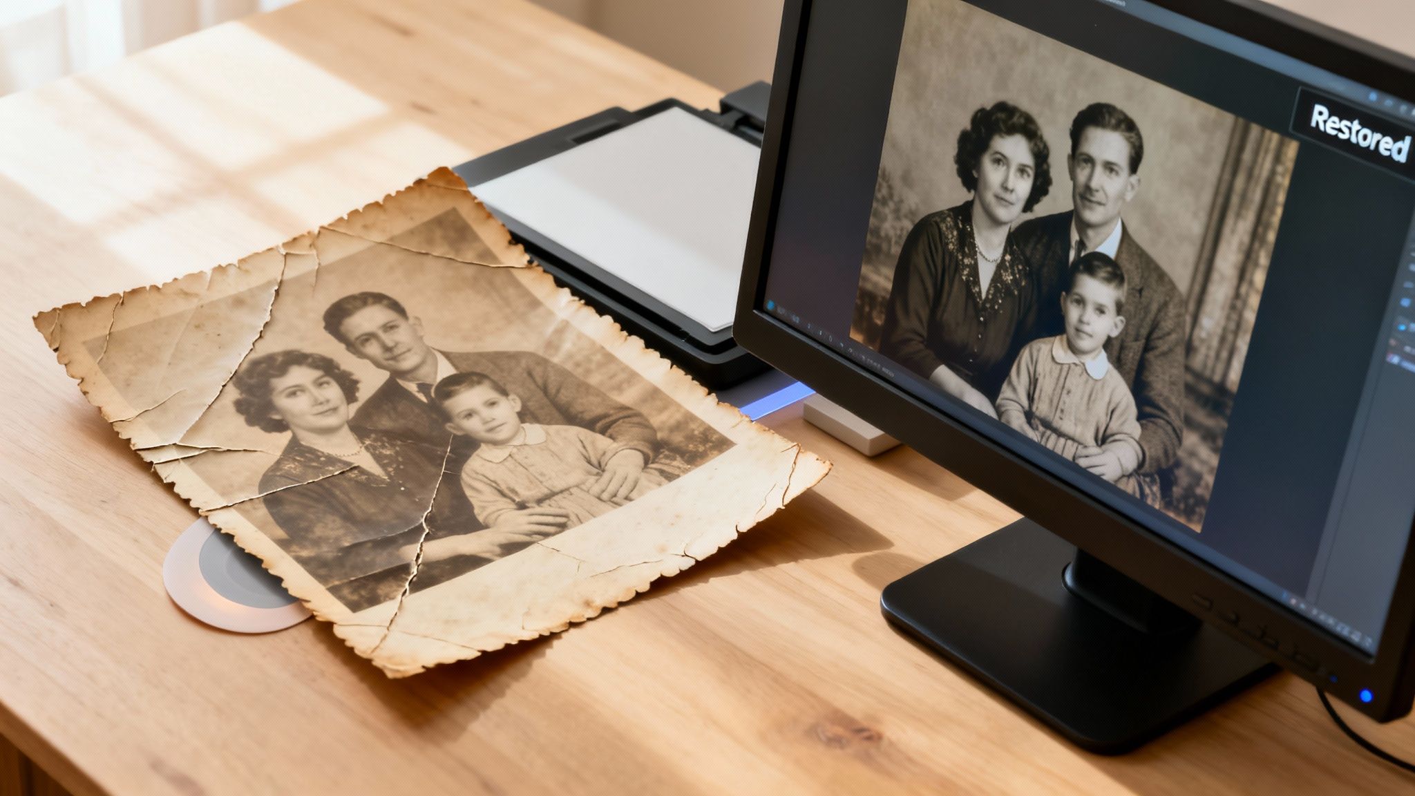 An old, torn family photo on a desk next to a monitor displaying its digital restoration.