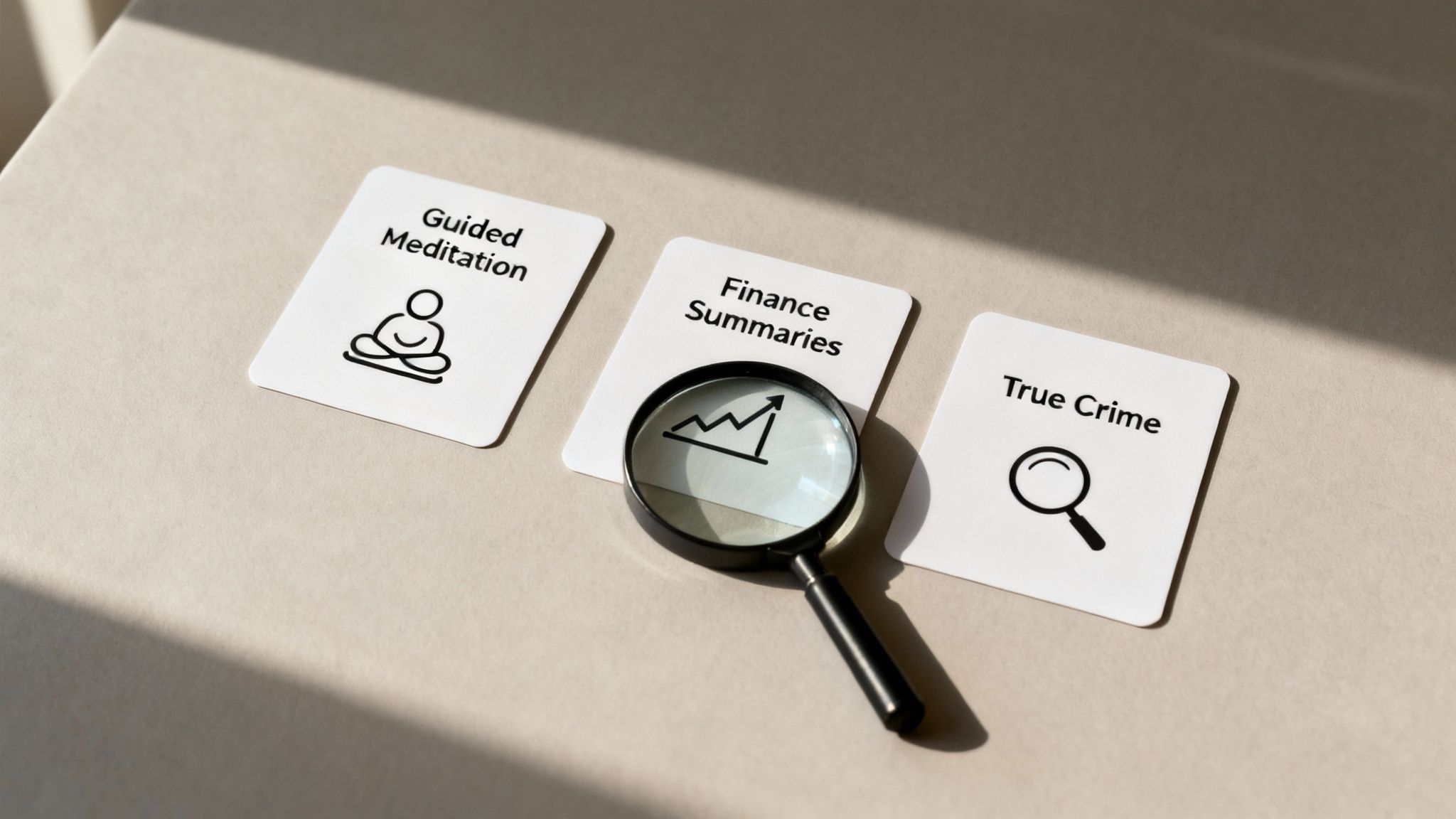 Three cards for Guided Meditation, Finance Summaries, and True Crime, with a magnifying glass.