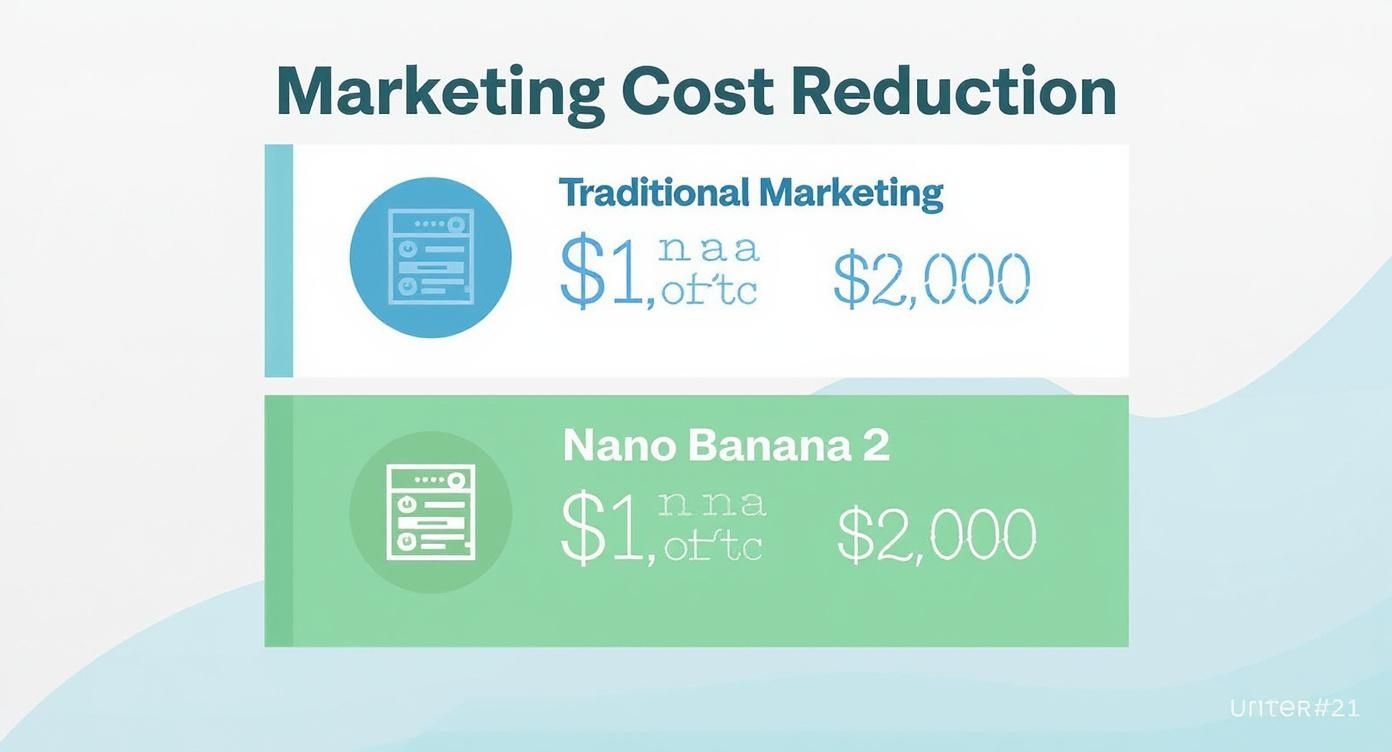 Marketing cost comparison chart showing Traditional Marketing versus Nano Banana 2 both at $2,000 budget