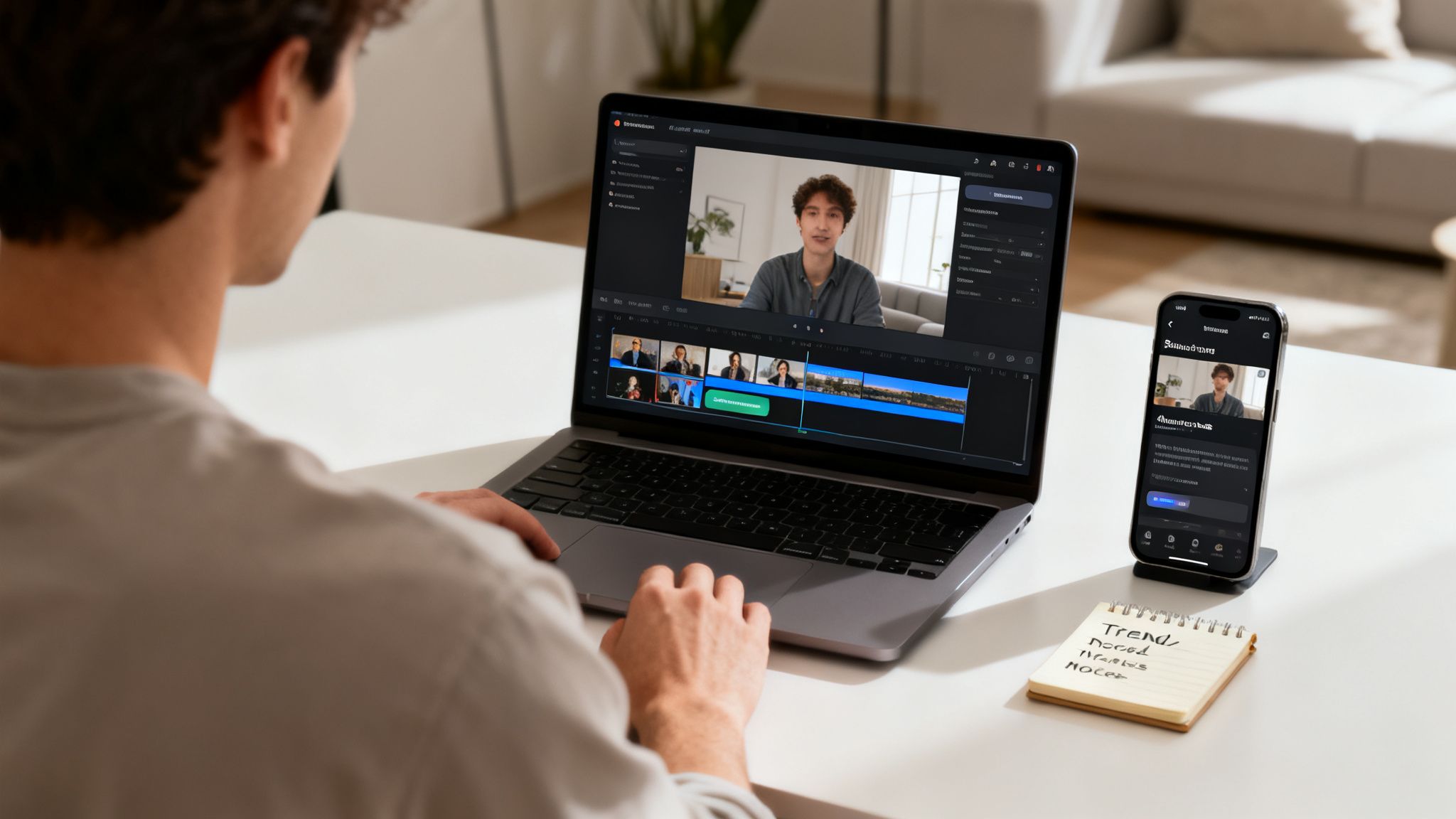 A person editing a video on a laptop, with a smartphone displaying a video next to it.