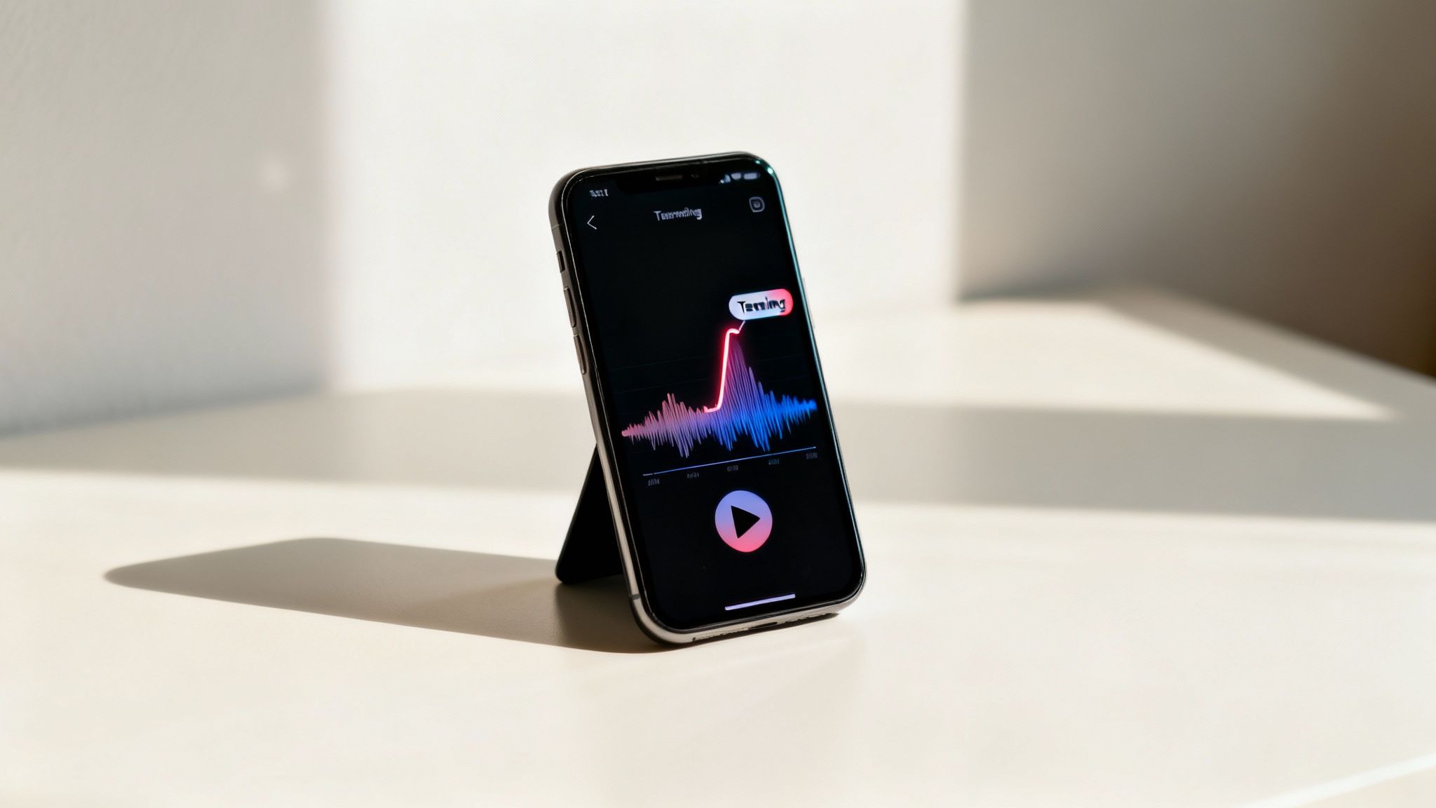 Smartphone displaying a colorful audio waveform graph on an app, set on a bright surface.