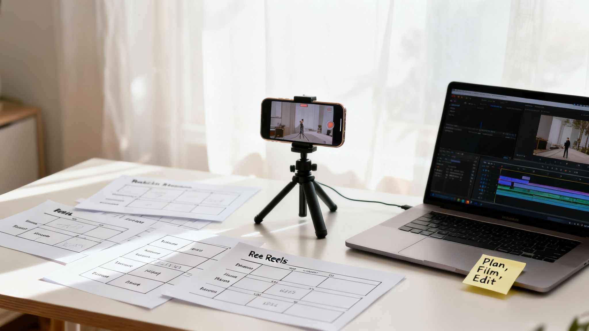 A desk setup for content creation with a smartphone on a tripod, laptop with editing software, and "Ree Reels" planning sheets.