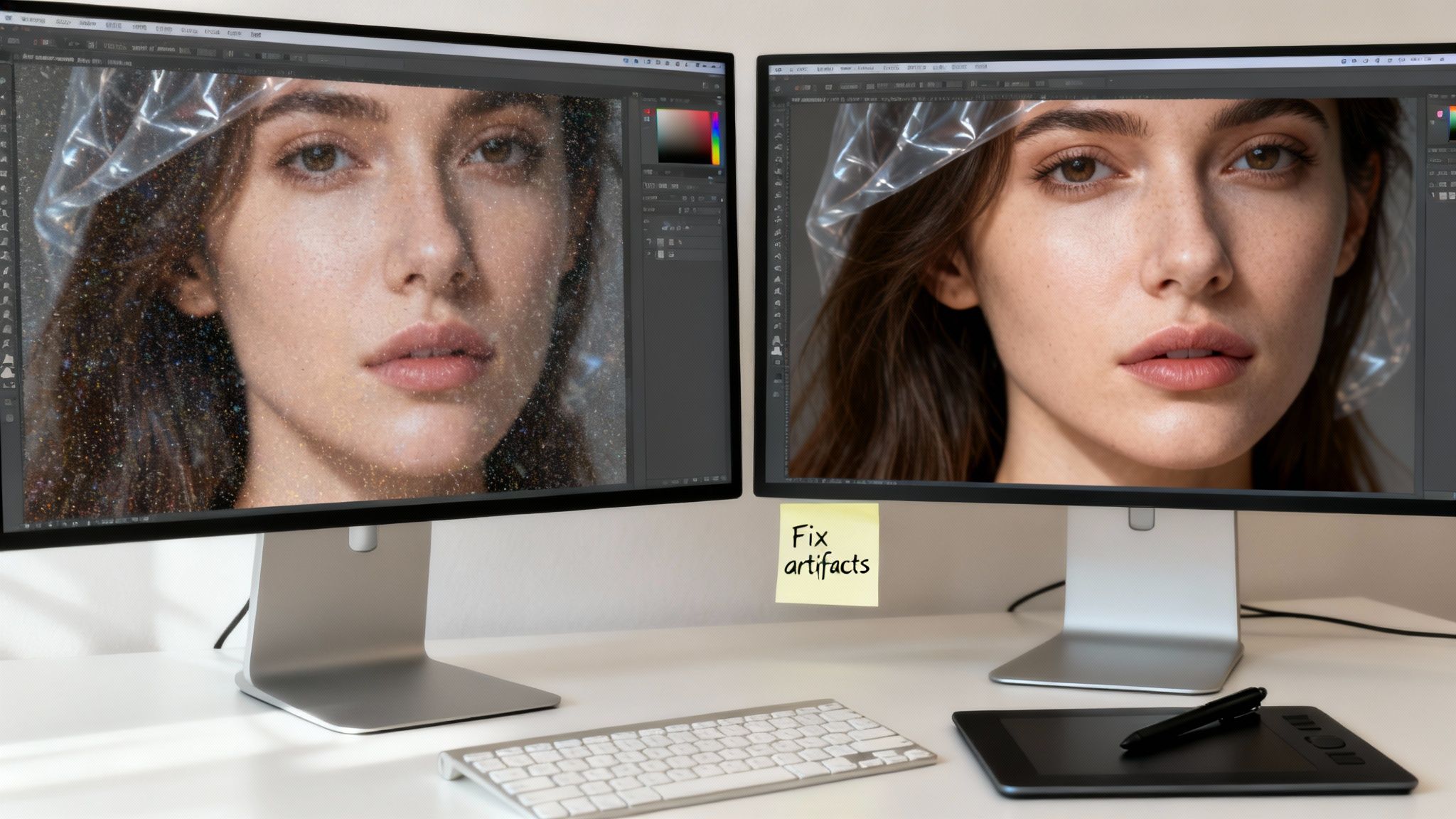 Dual monitors display a woman's portrait, one with digital artifacts, the other professionally retouched, alongside a sticky note reminder.