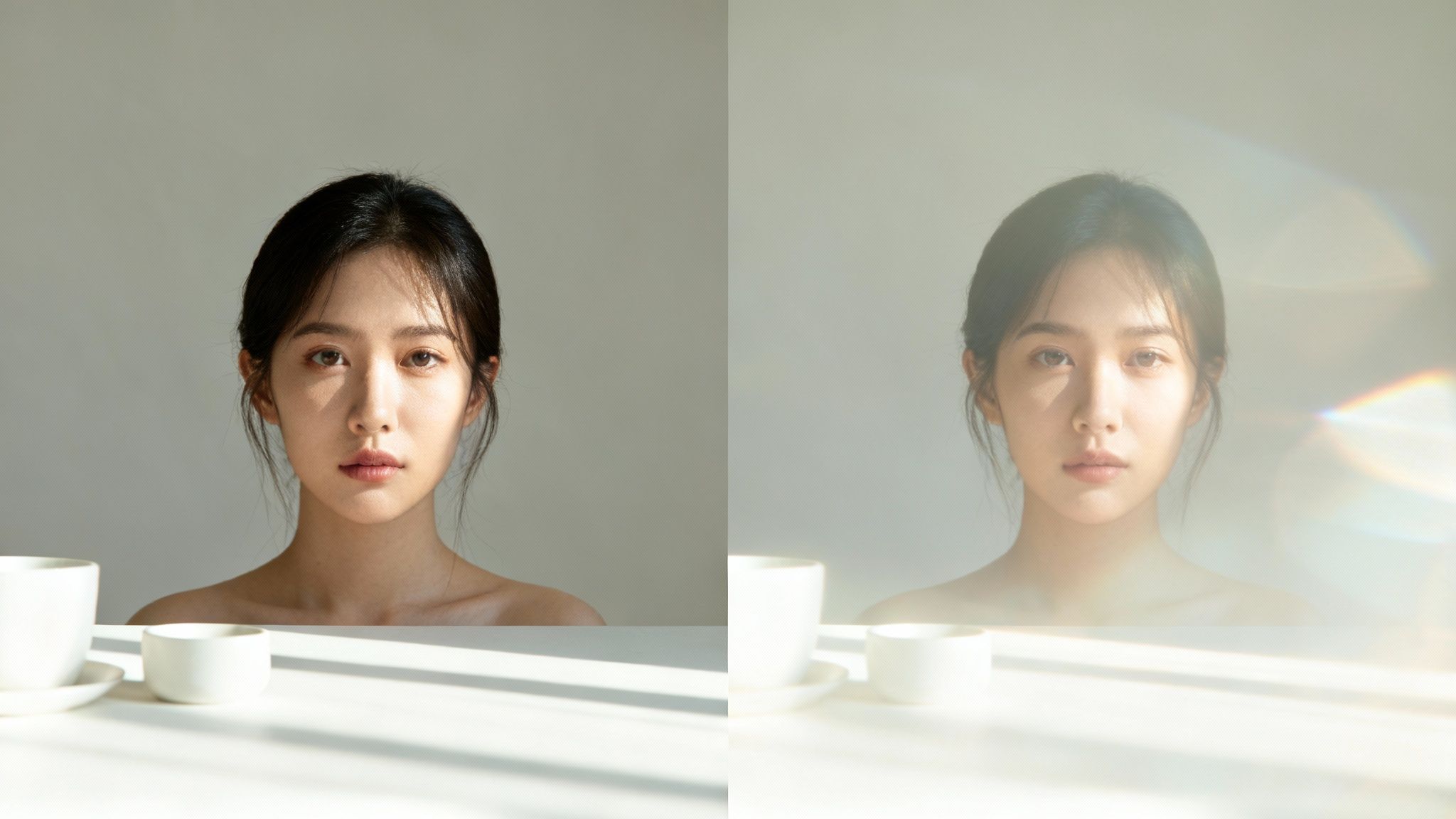 A young woman's portrait, one side with natural light, the other with soft, dreamy light flares.