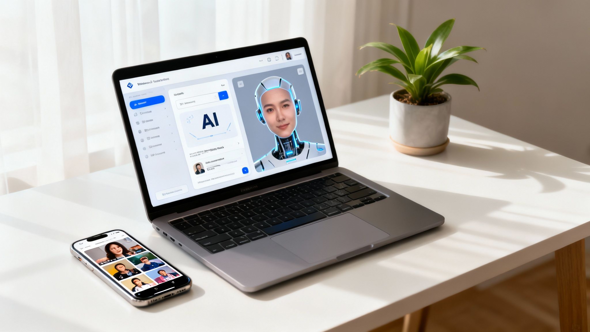 A laptop showing an AI assistant interface and a smartphone with a video call on a white desk.