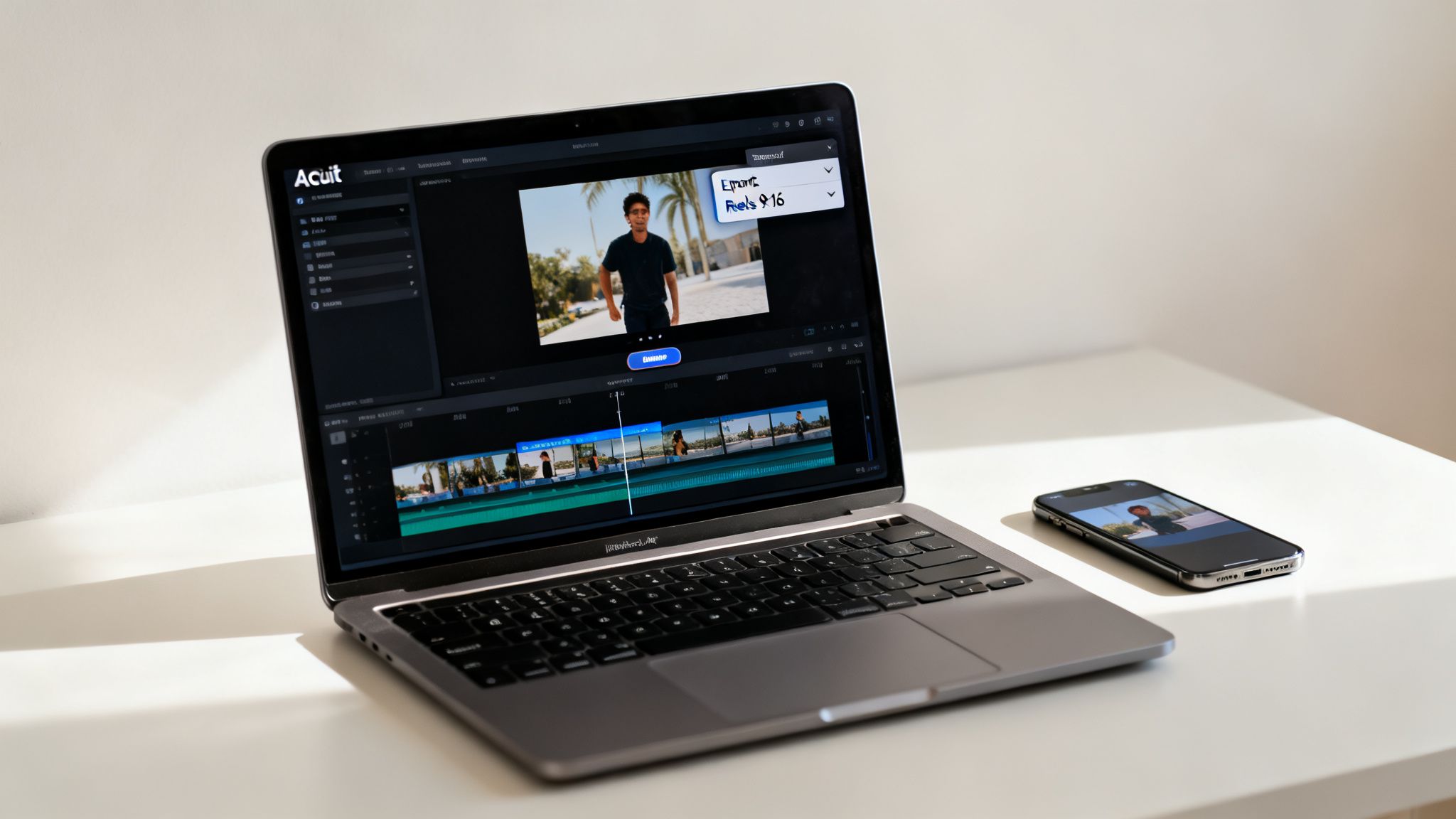 A laptop running video editing software with a man's video on screen, and a smartphone on a white table.