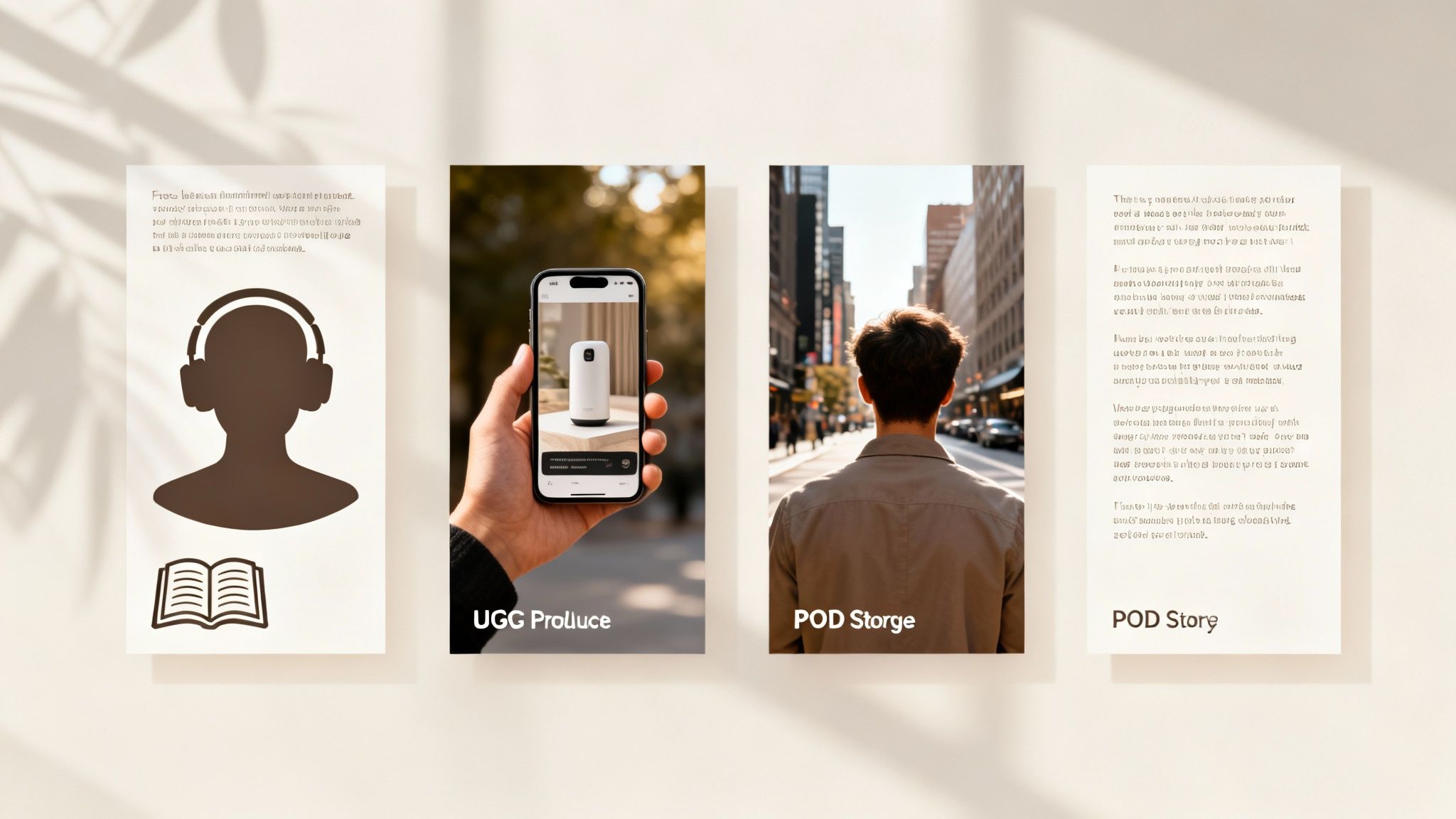 Four panels illustrate audiobooks, product display on a phone, a person in a city, and a POD store.