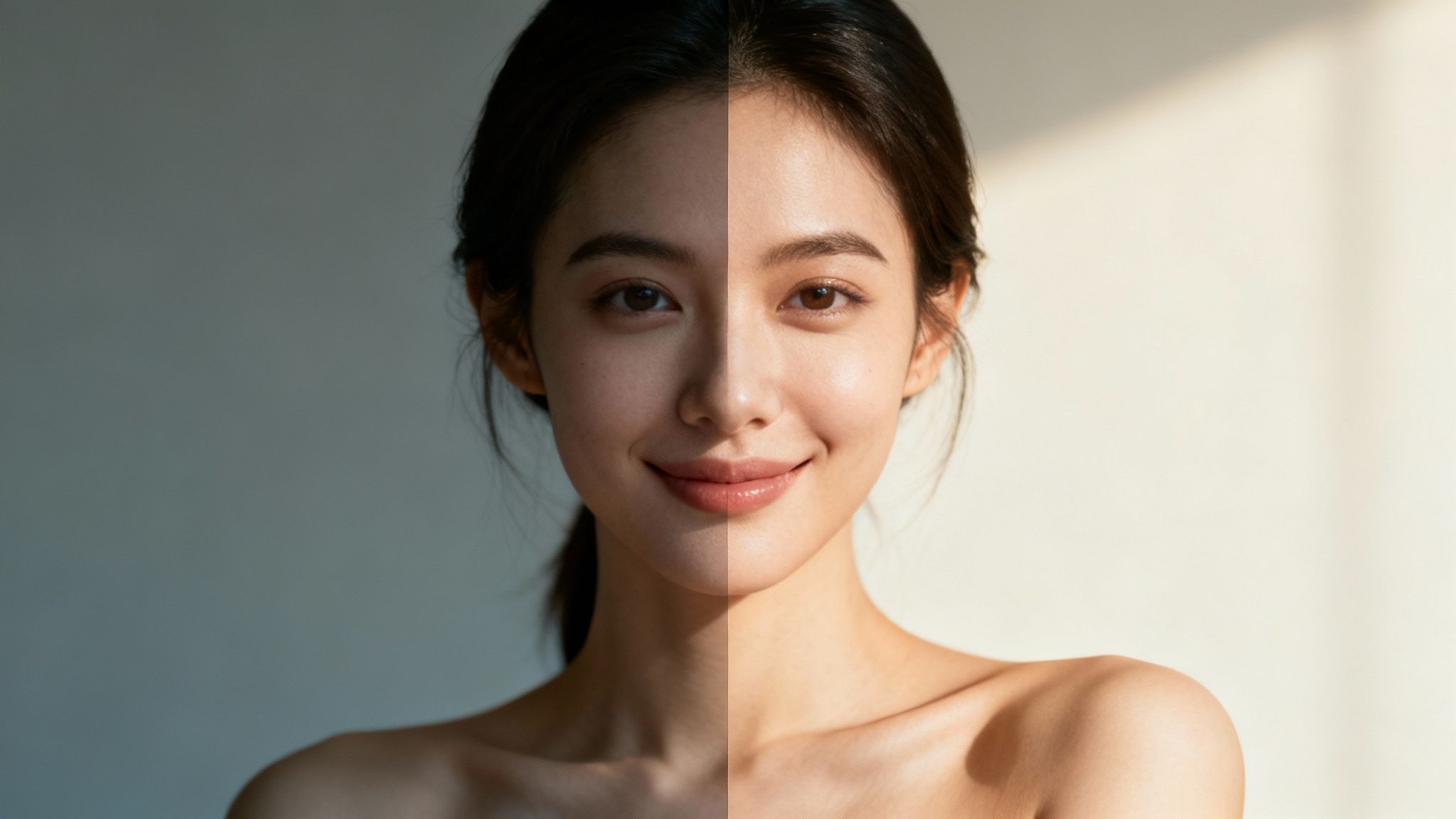 A woman's face is split, half in shadow, half in sunlight, highlighting skin tone variation.