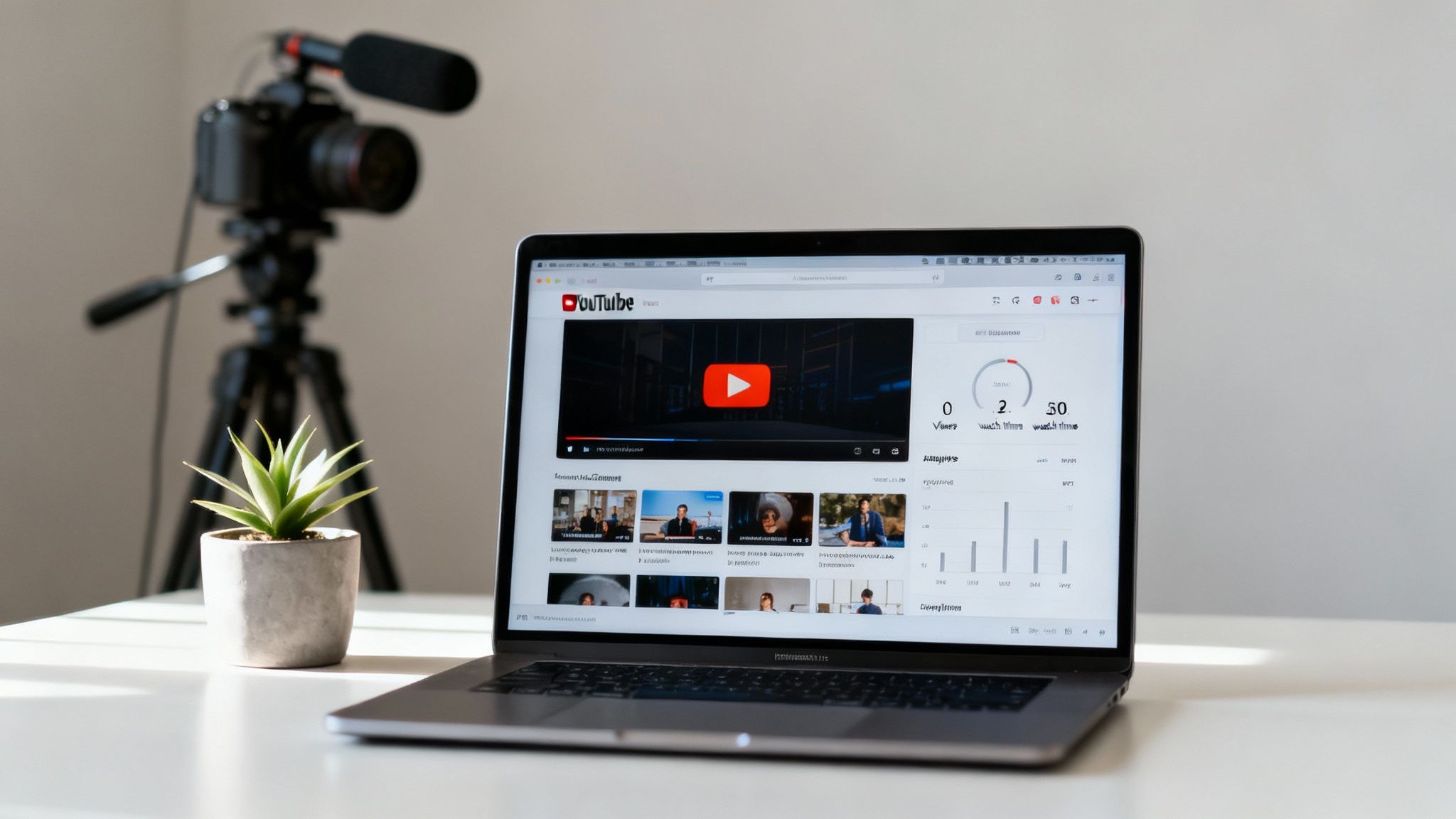 A laptop displays YouTube videos and channel analytics, alongside a camera setup and a potted plant.