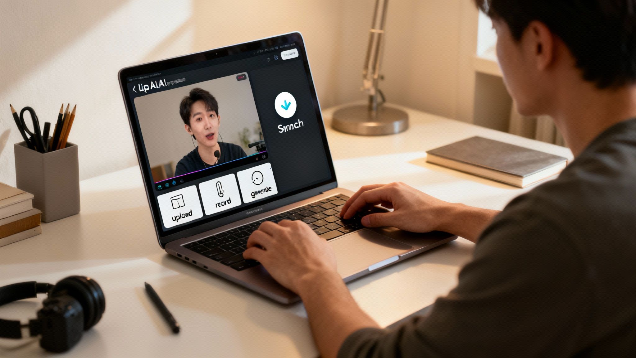 Young man interacting with a laptop displaying a lip-sync AI tool for video creation.