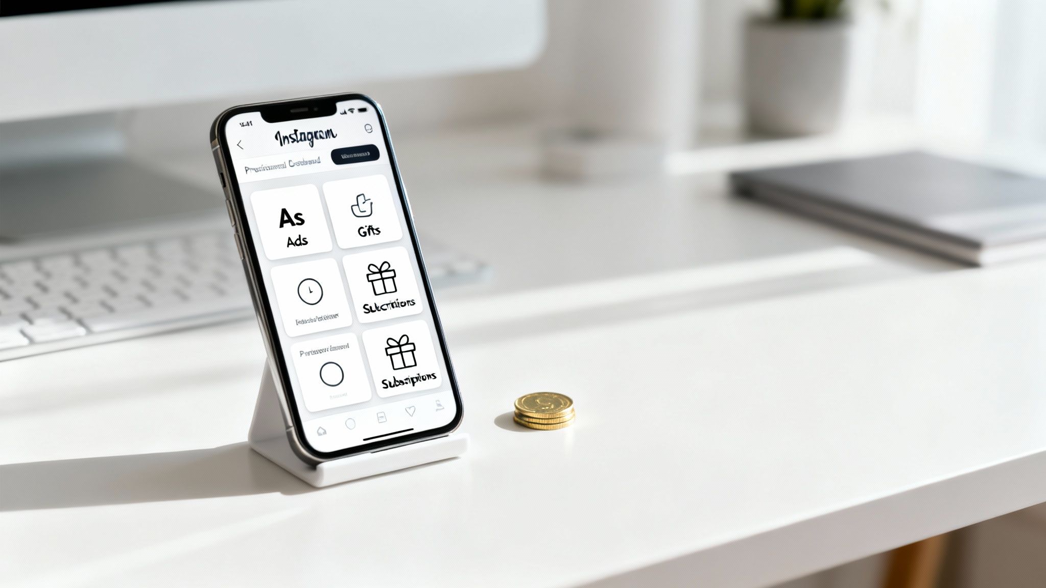 A smartphone on a white stand displays Instagram's monetization features like Ads, Gifts, and Subscriptions.