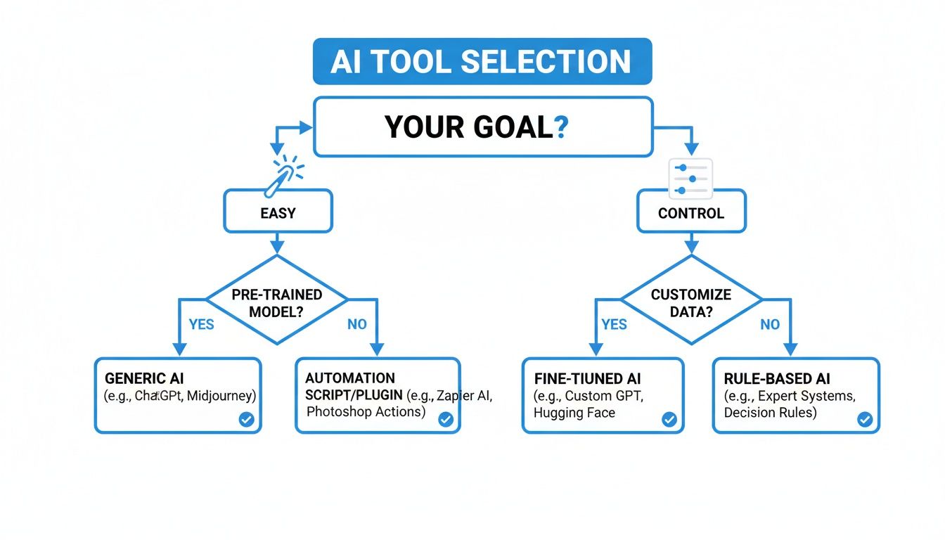 A flowchart guiding AI tool selection based on user goals, categorizing choices for ease or control.