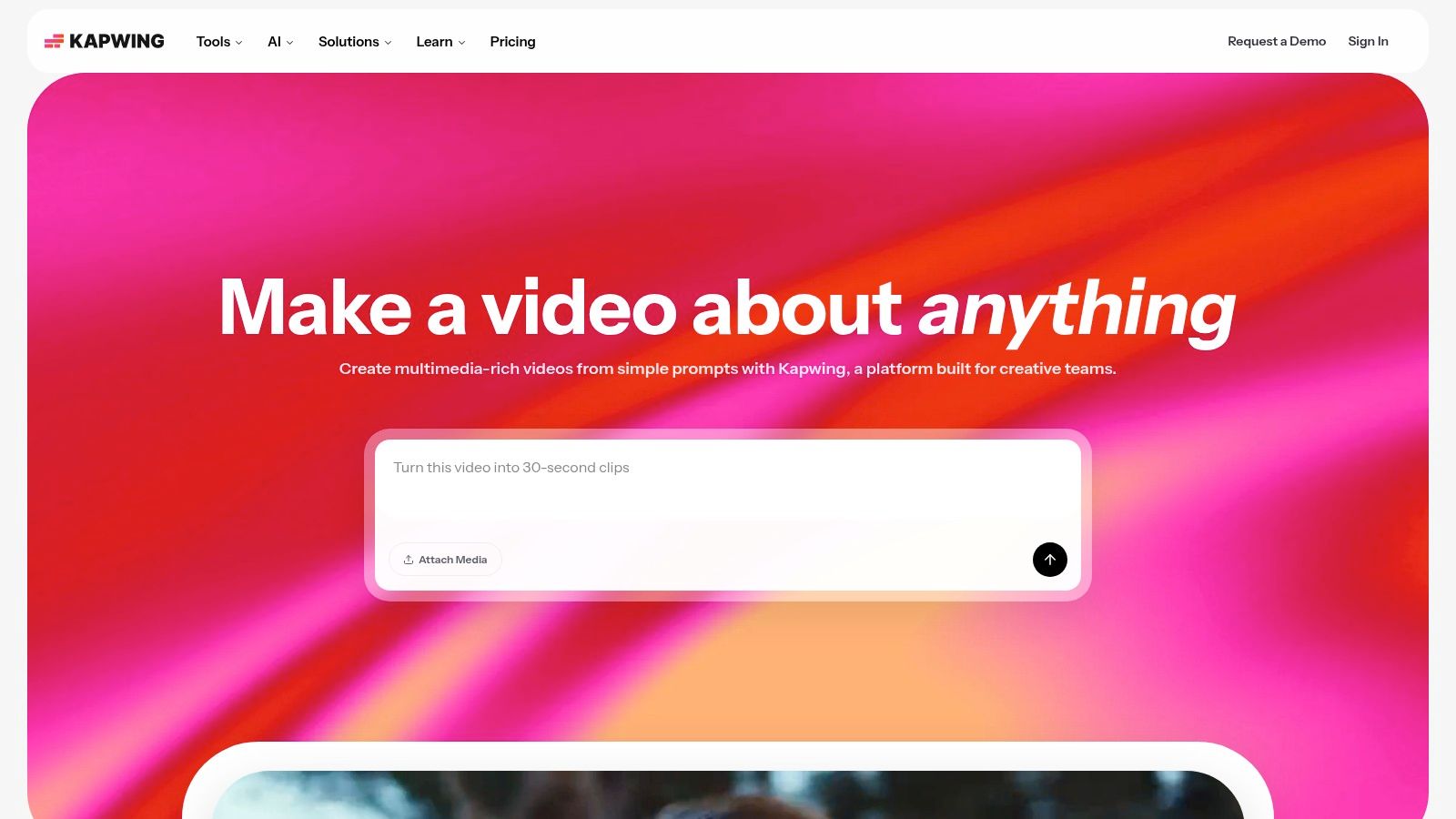 The AI video editor interface of Kapwing, showing a timeline and editing tools.
