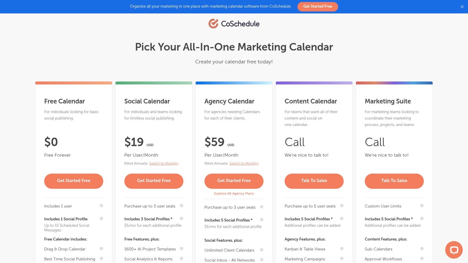 CoSchedule Social Calendar showing its free and paid plans