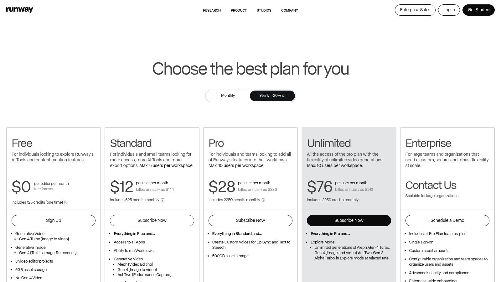 Runway's pricing plans, including the free tier