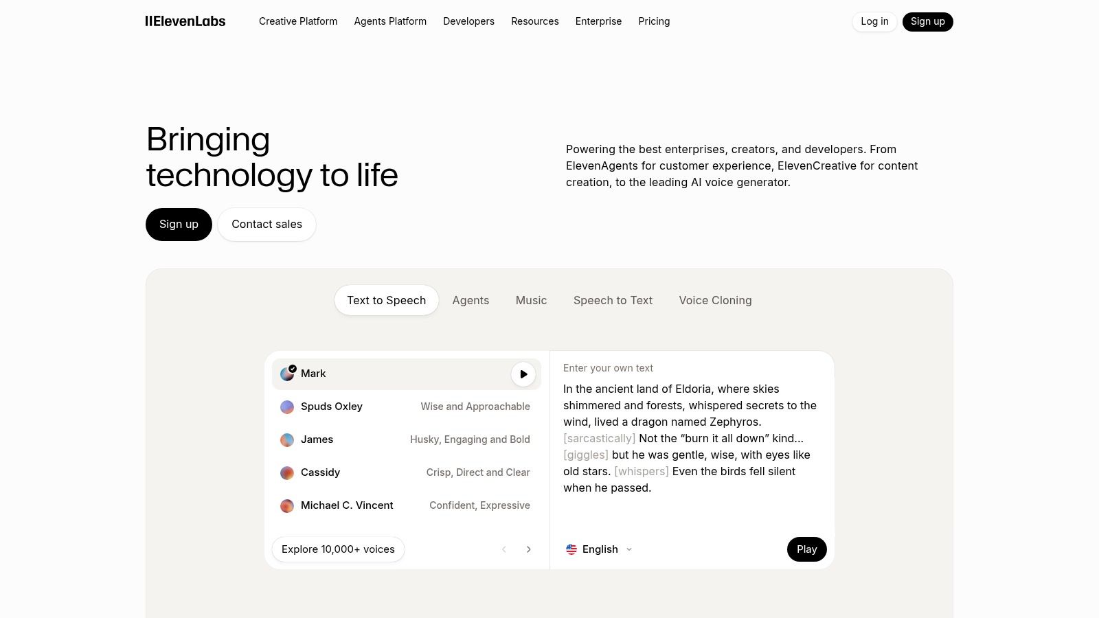 The user interface of ElevenLabs, an AI voice generator, showing options for generating speech.