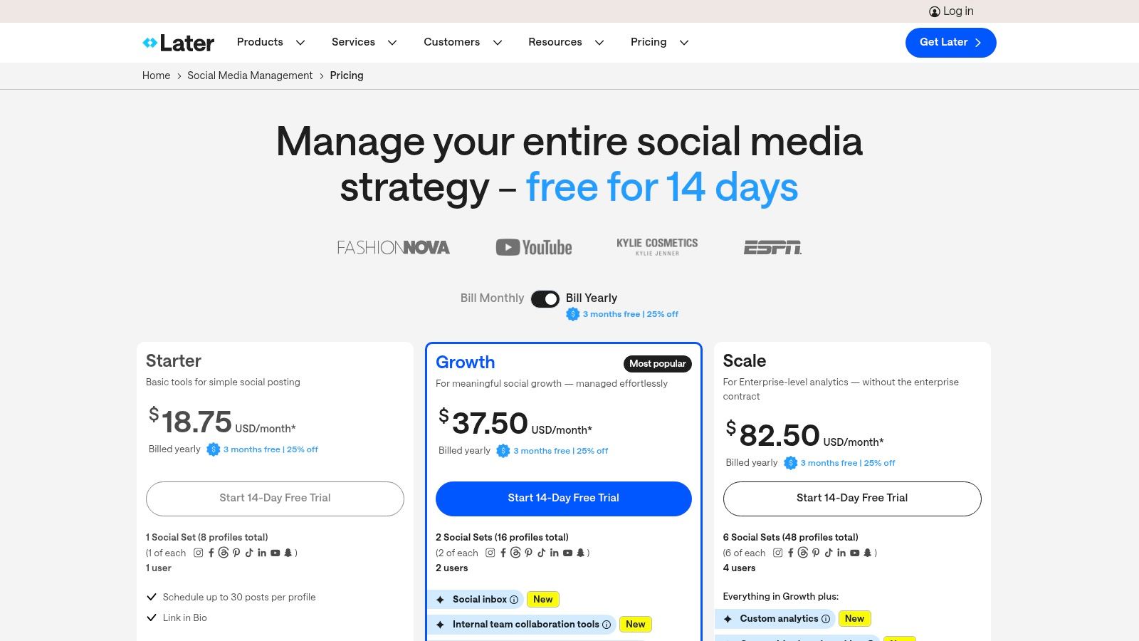 Later pricing page showing Starter, Growth, and Advanced plans