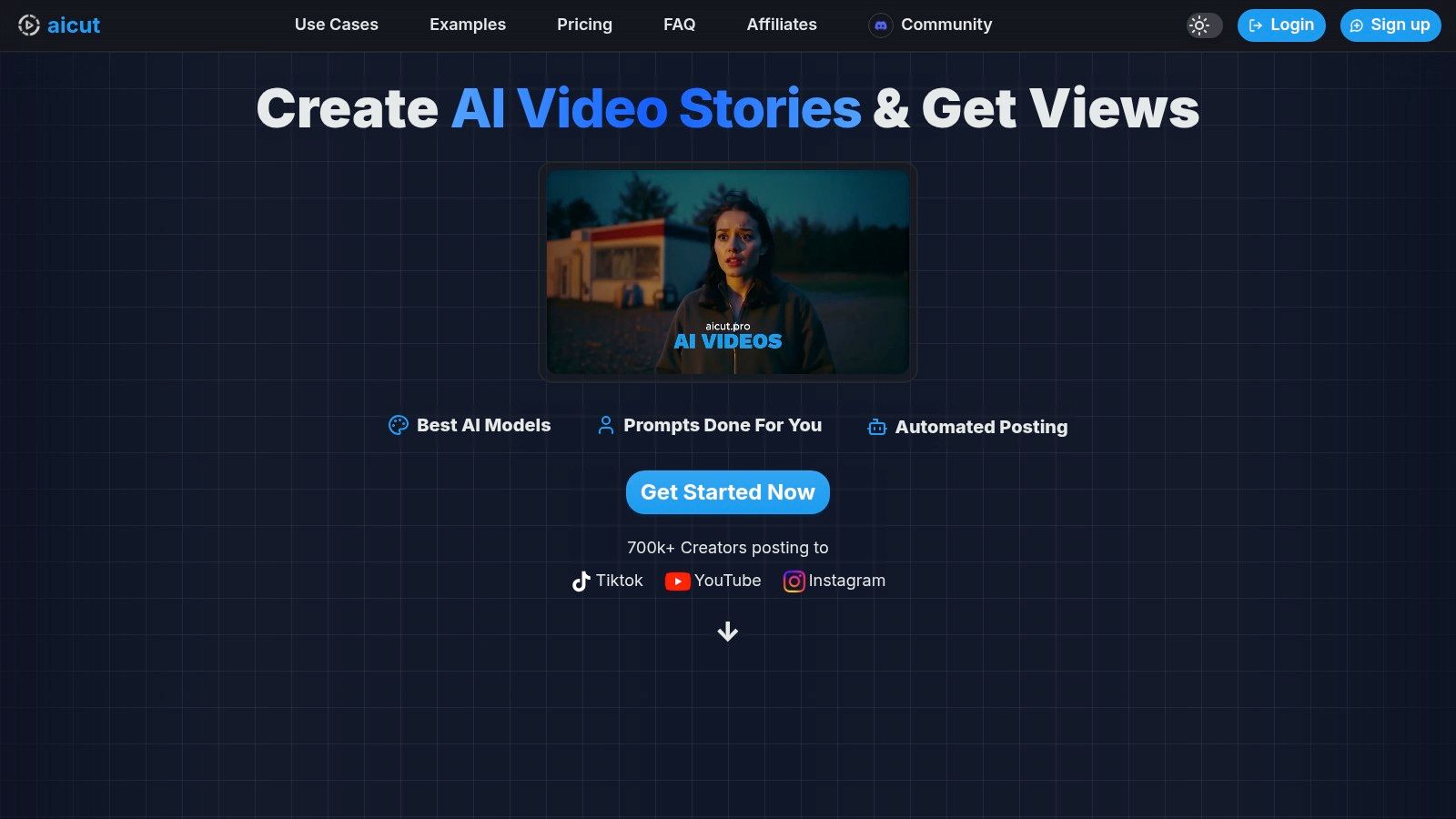 Aicut interface showing AI video creation options
